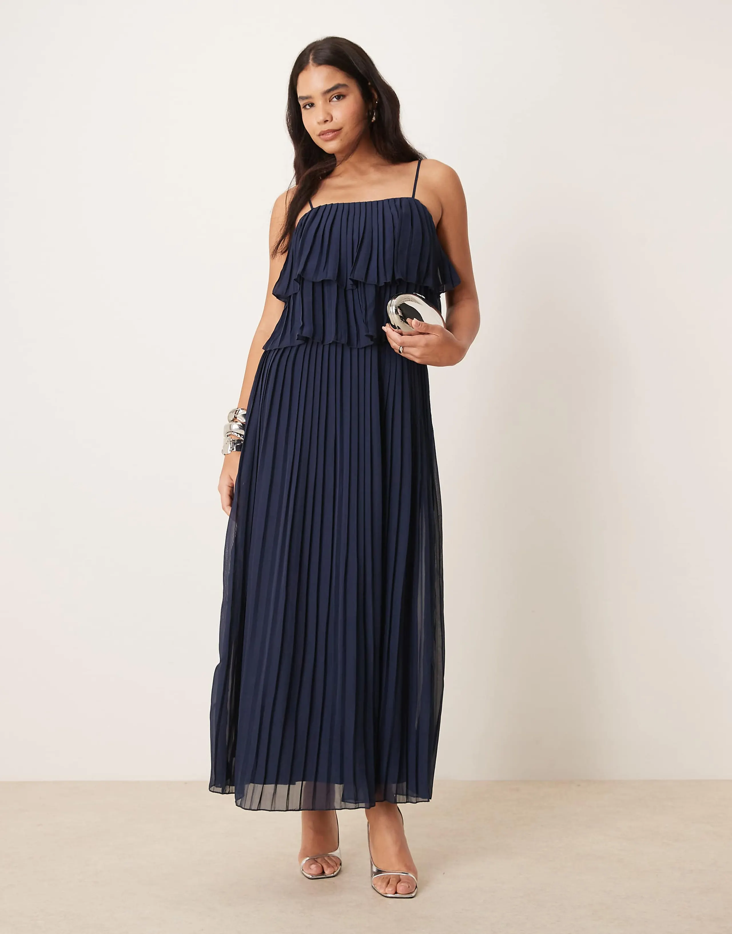 VILA pleated ruffle layer cami maxi dress in navy