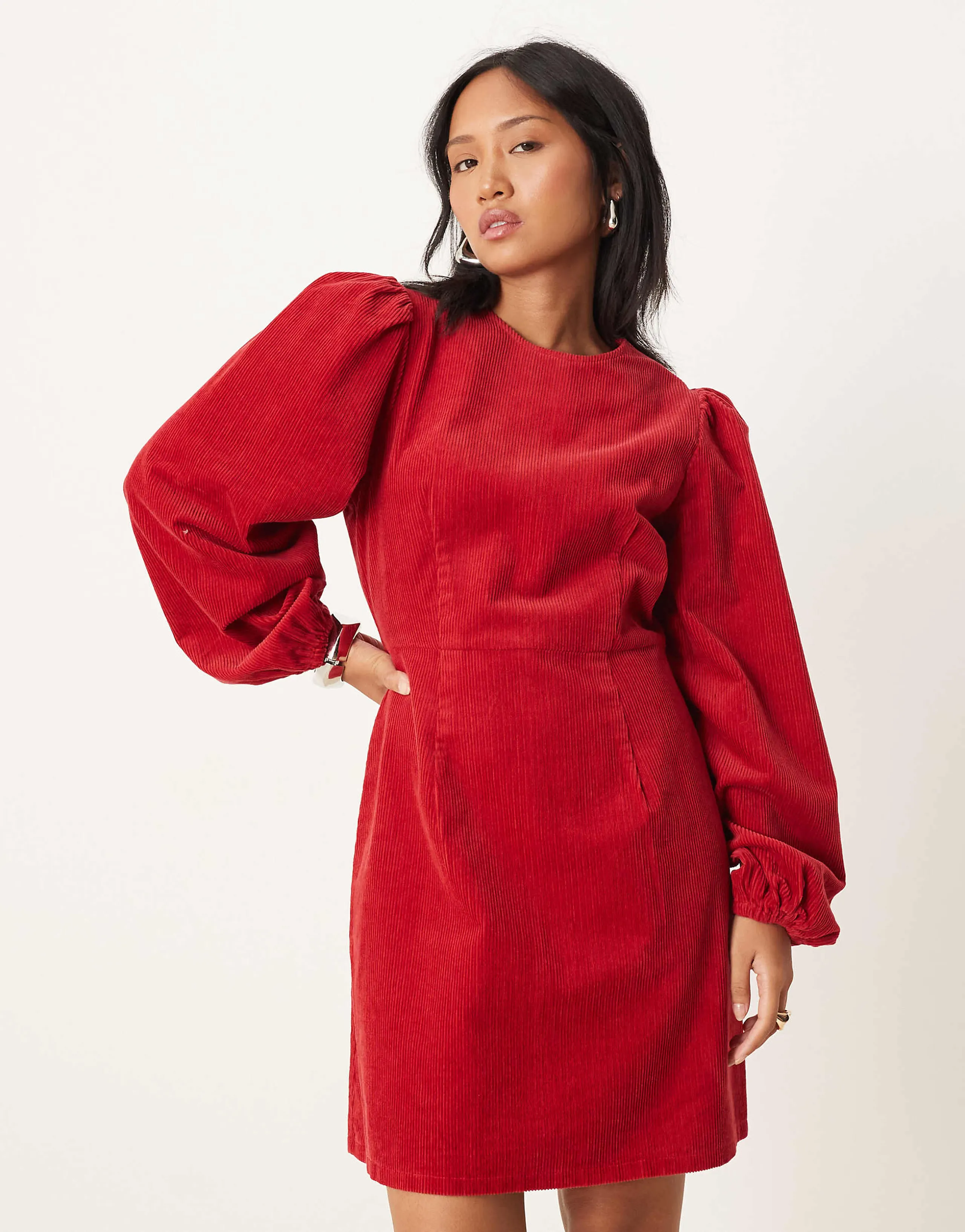 Nobody's Child Petite Peggy balloon sleeve cord mini dress in red
