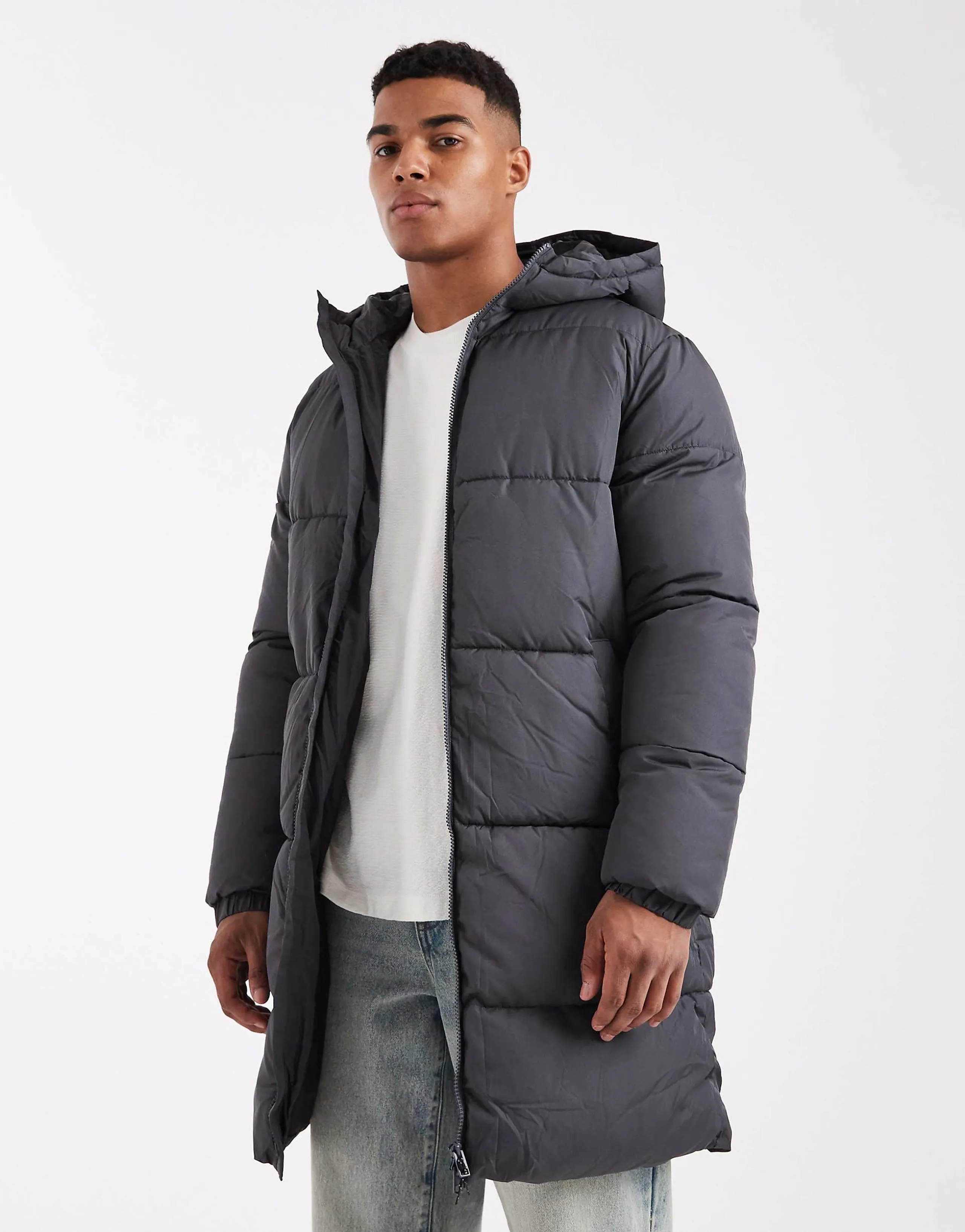 JJ Rebel longline padded coat in dark gray
