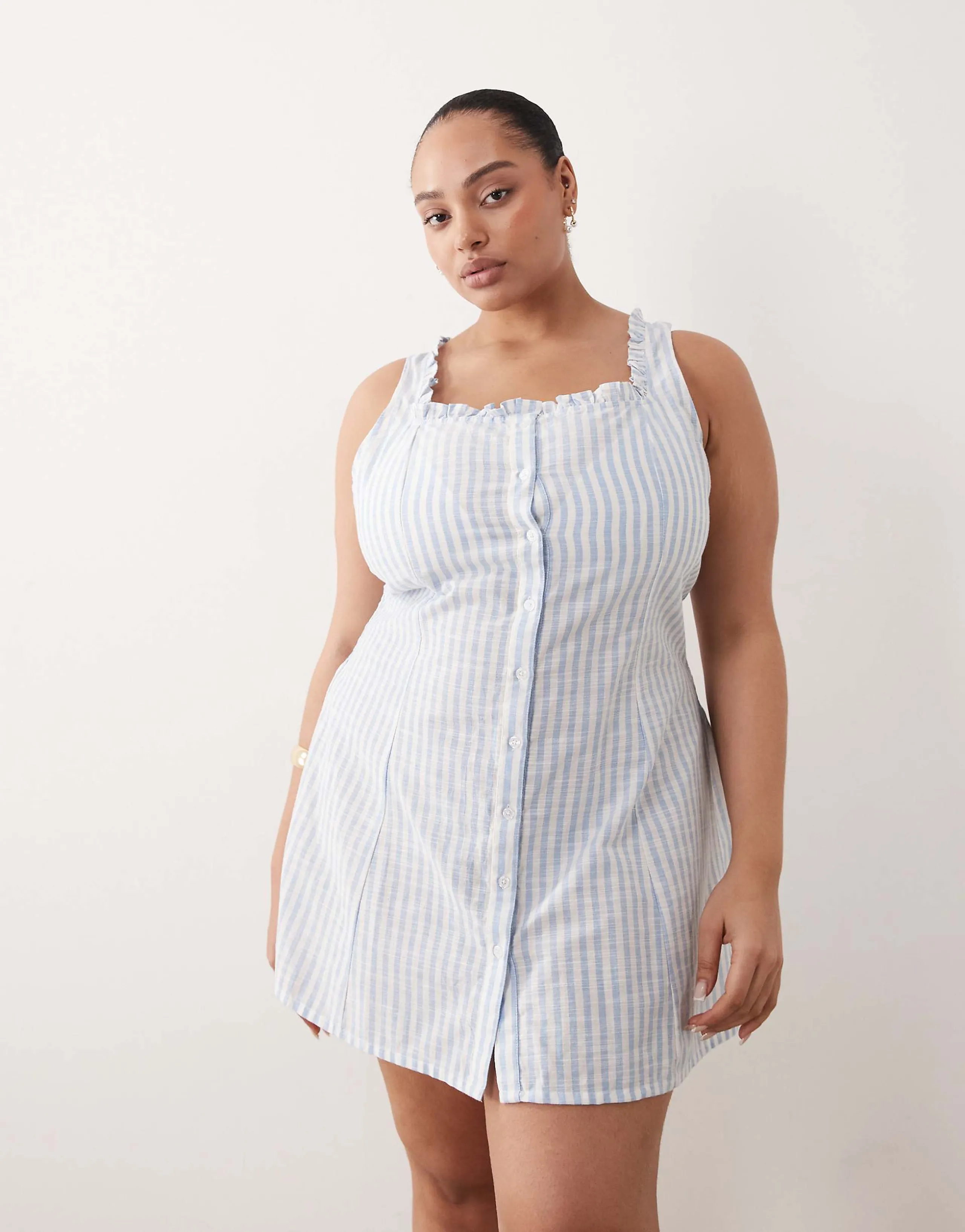 Esmée Curve beach mini dress with ruffle trim in blue & white stripes