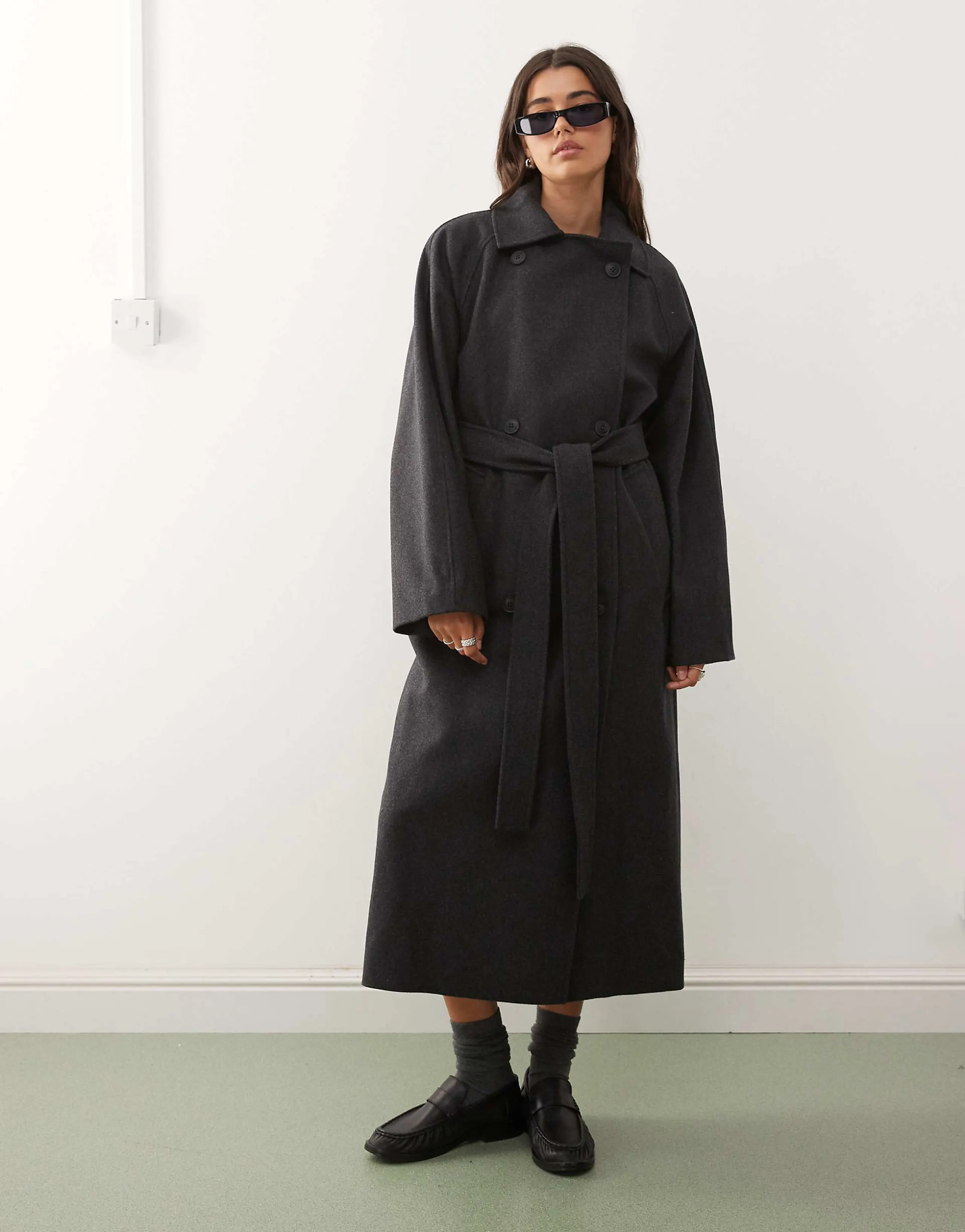 Weekday Kia wool blend oversized coat with double button and tie waist detail in dark heather gray