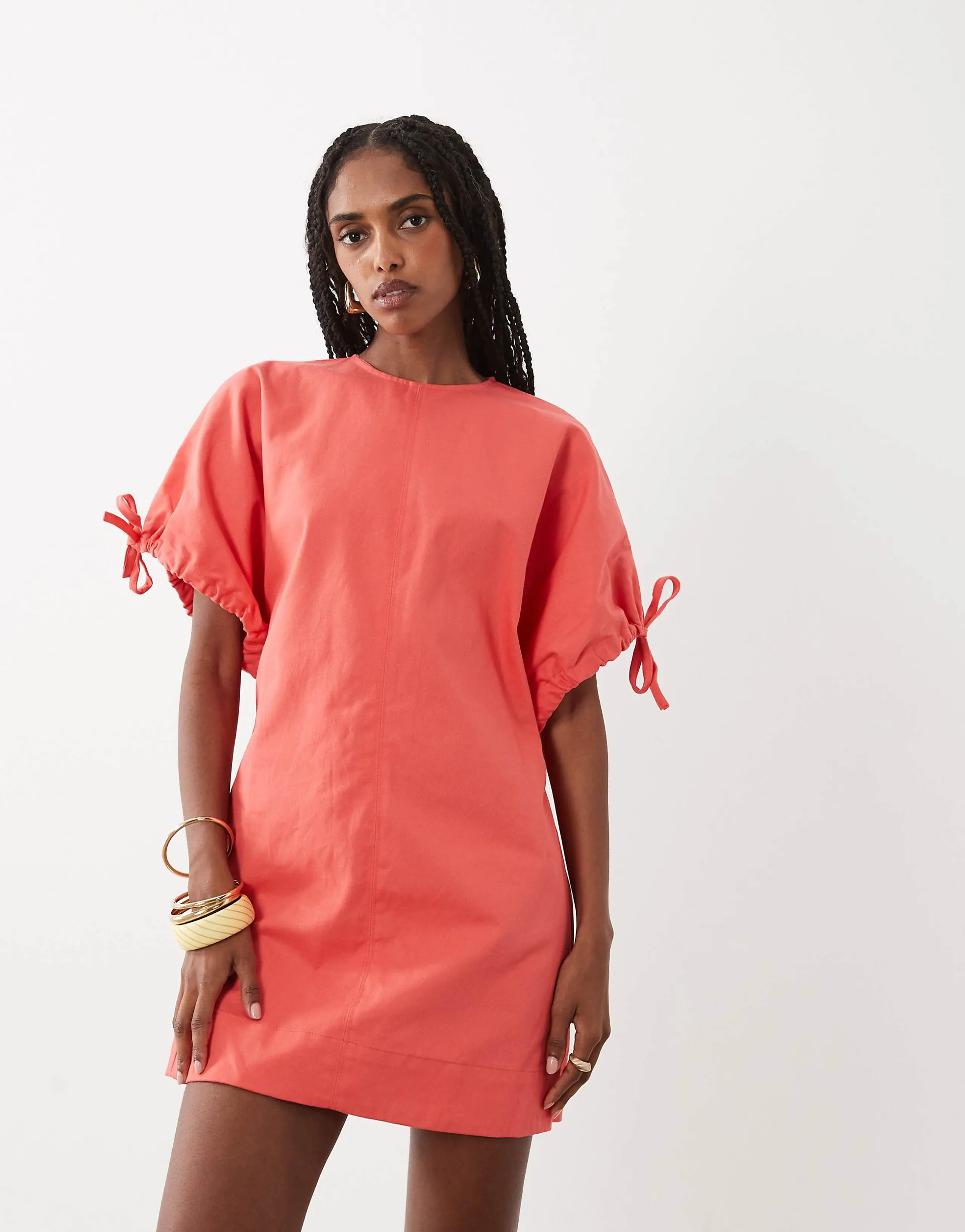 ASOS DESIGN crew neck mini dress with tie sleeve detail in coral
