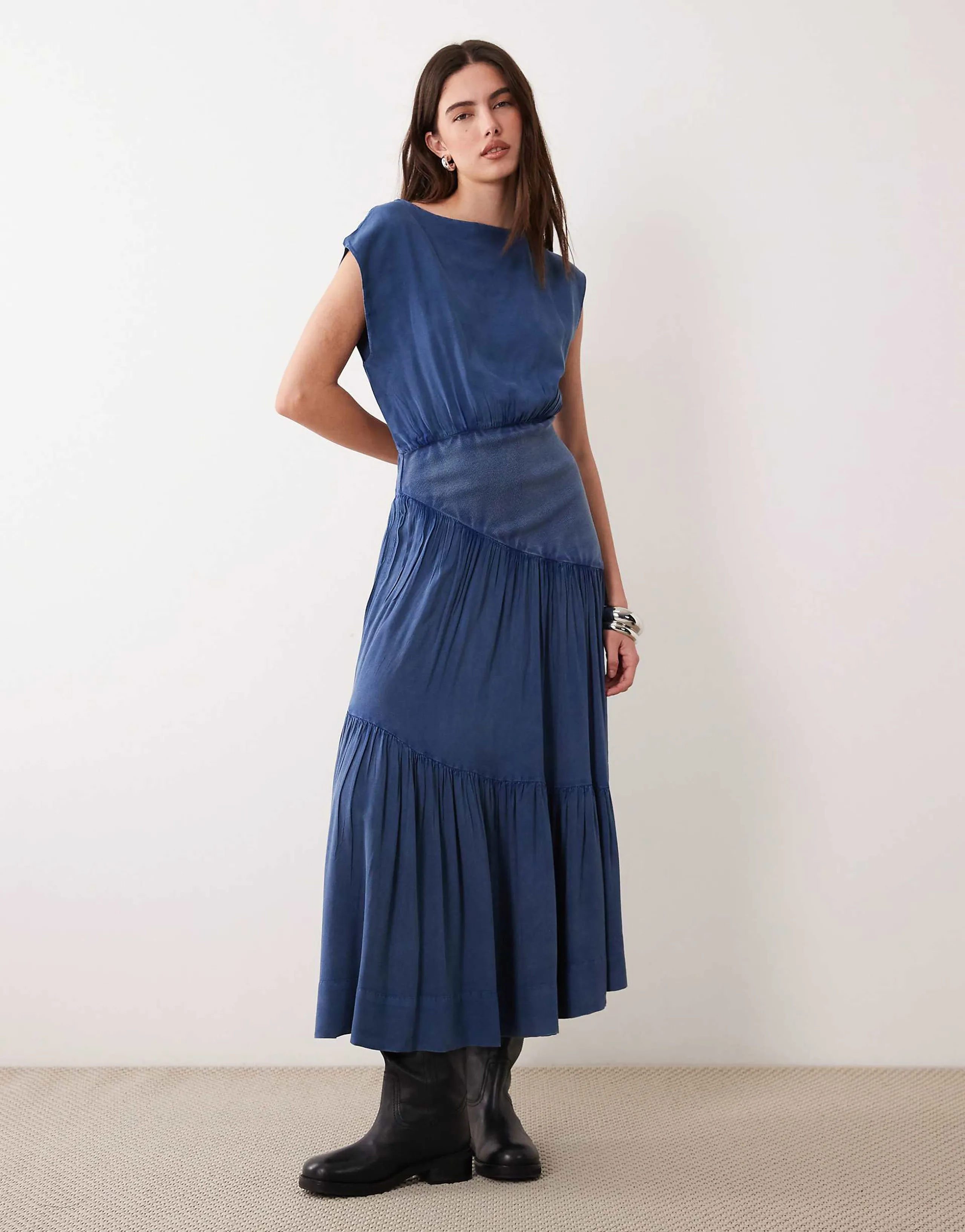 ASOS DESIGN sleeveless slash neck hybrid midaxi dress in denim blue