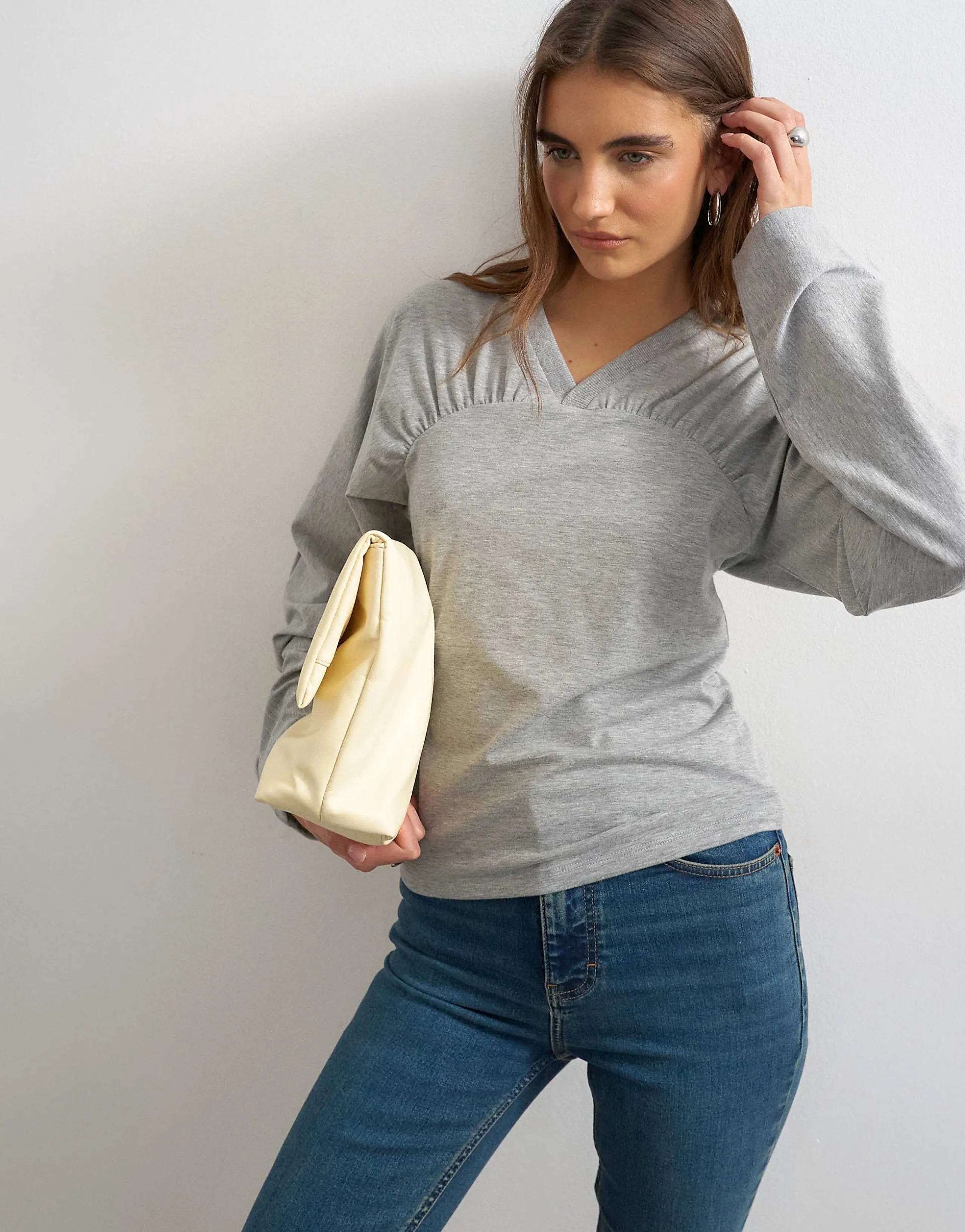 Topshop gather yoke seam long sleeve top in gray heather