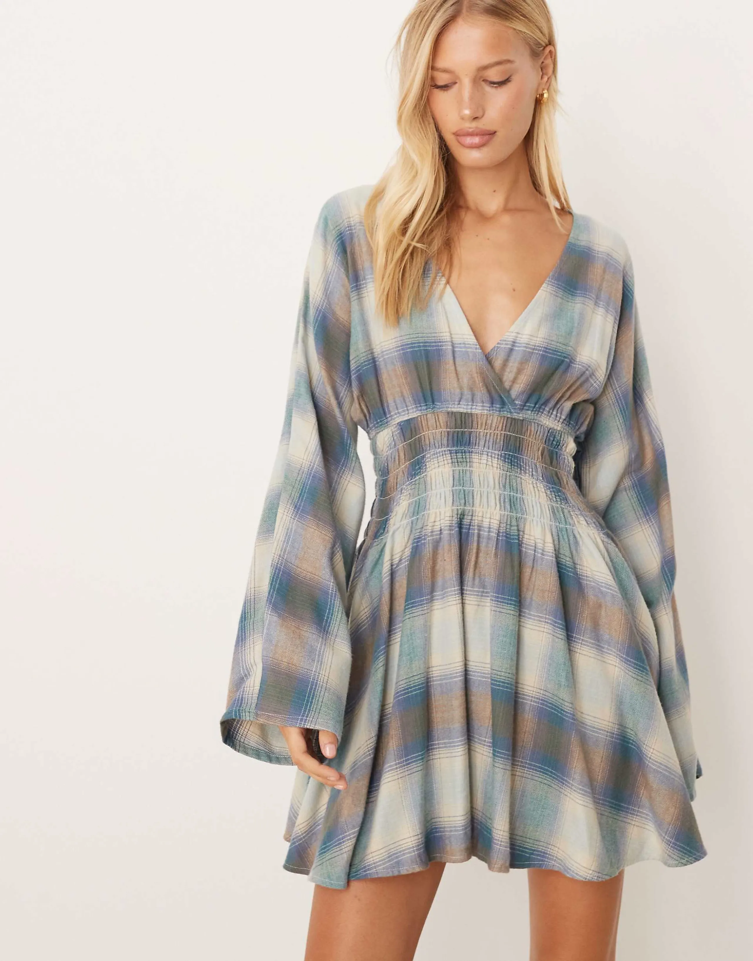 ASOS DESIGN v neck mini dress with shirred waist in check in tan and blue check