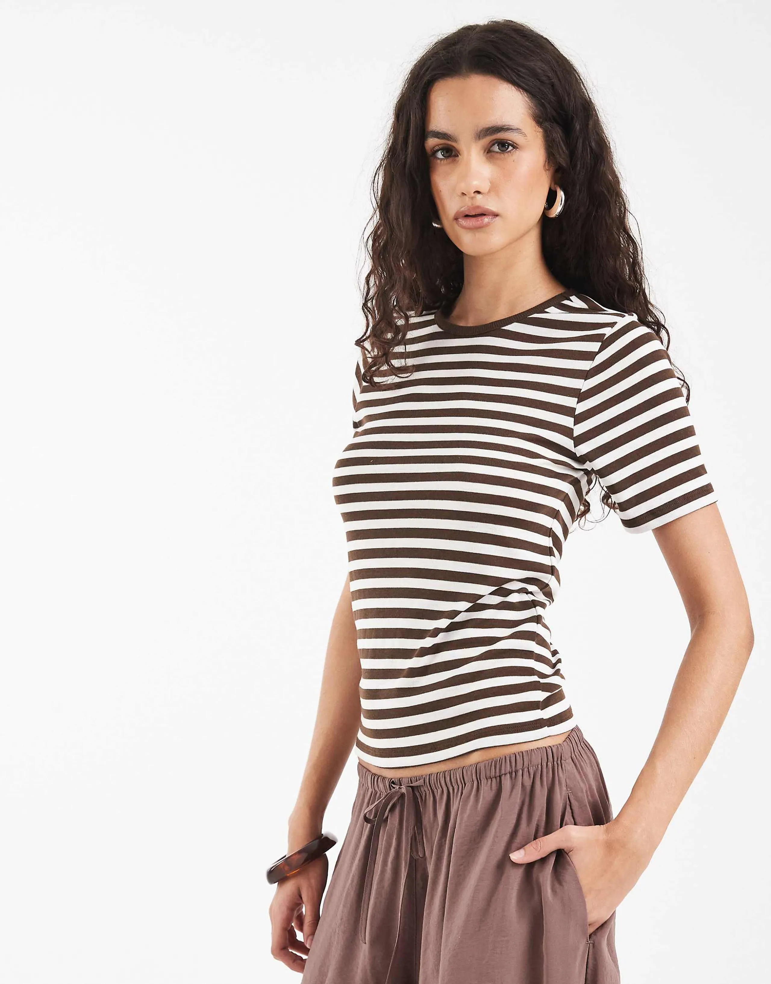 ONLY ribbed T-shirt in brown stripes
