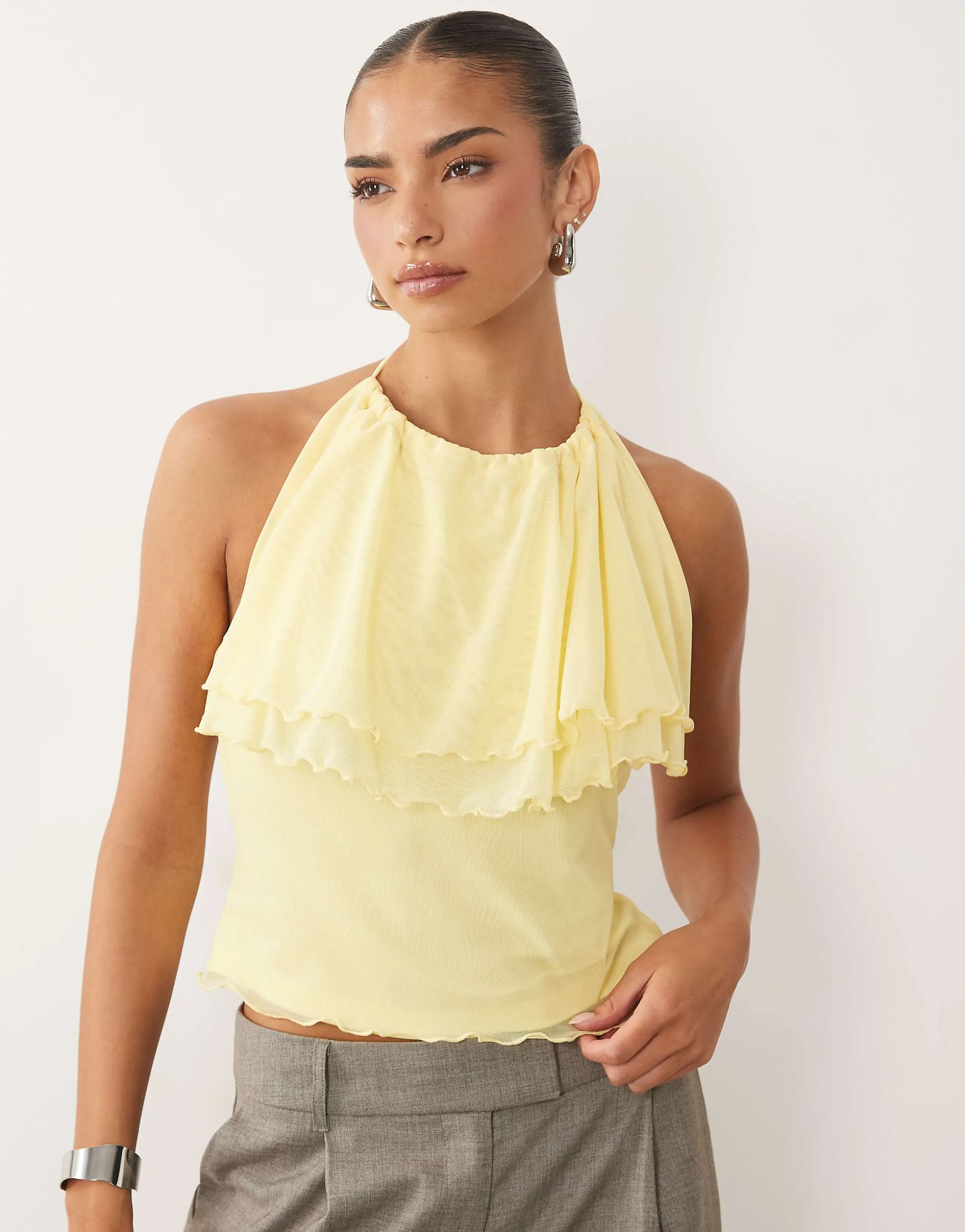 ASOS DESIGN mesh ruffle halter cami top in yellow