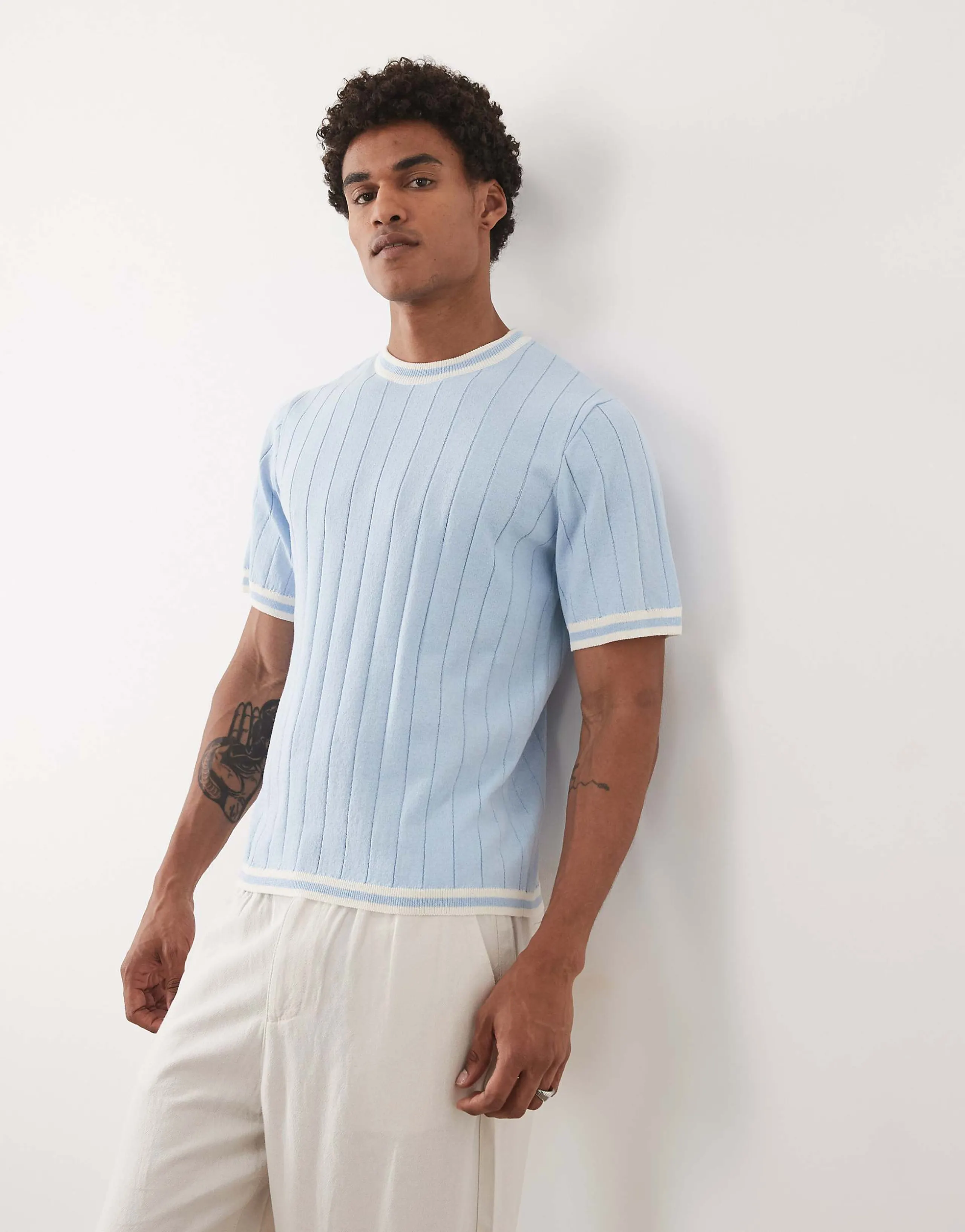 ASOS DESIGN knit ribbed T-shirt with white tipping in blue
