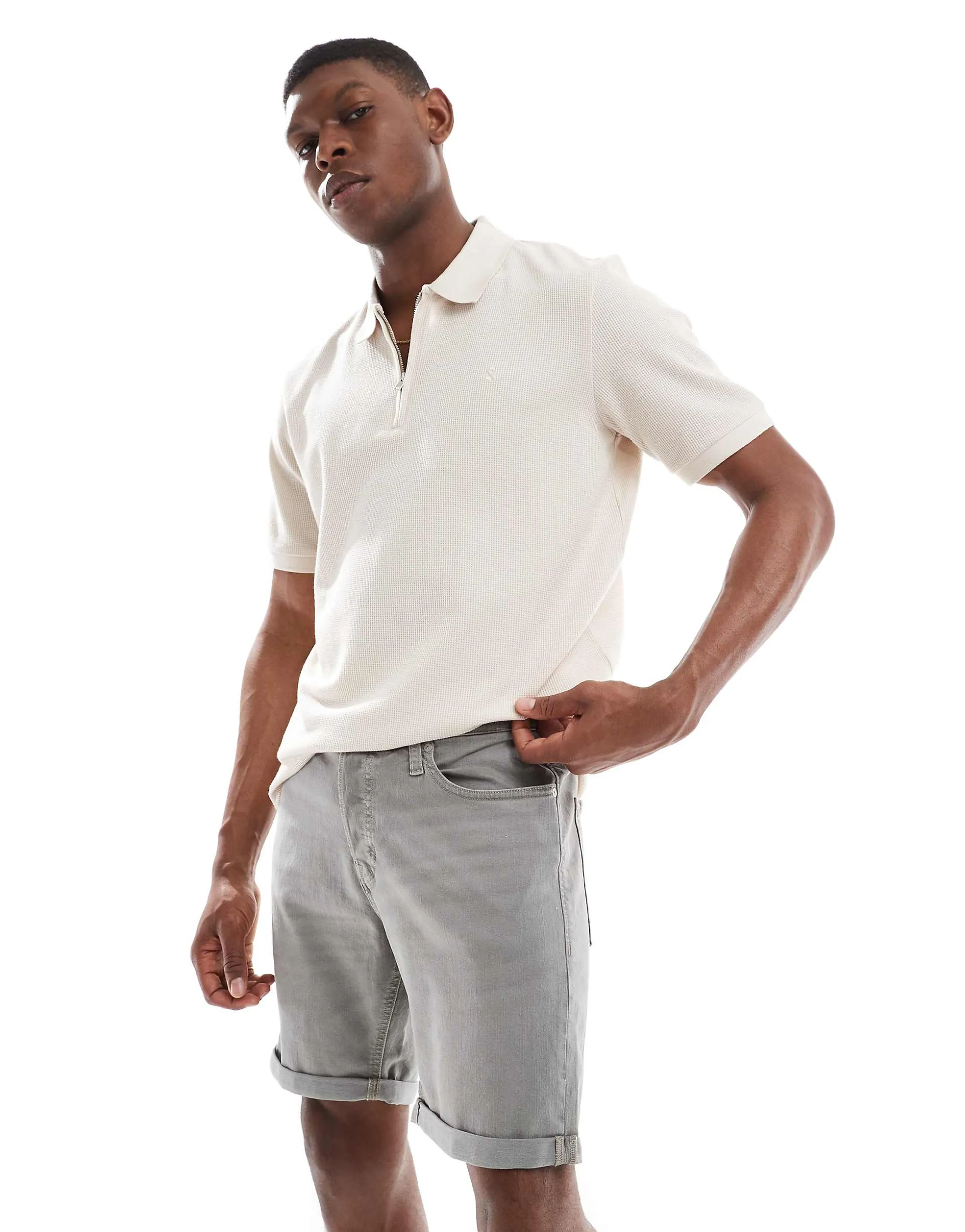Jack & Jones denim shorts with turn up in gray