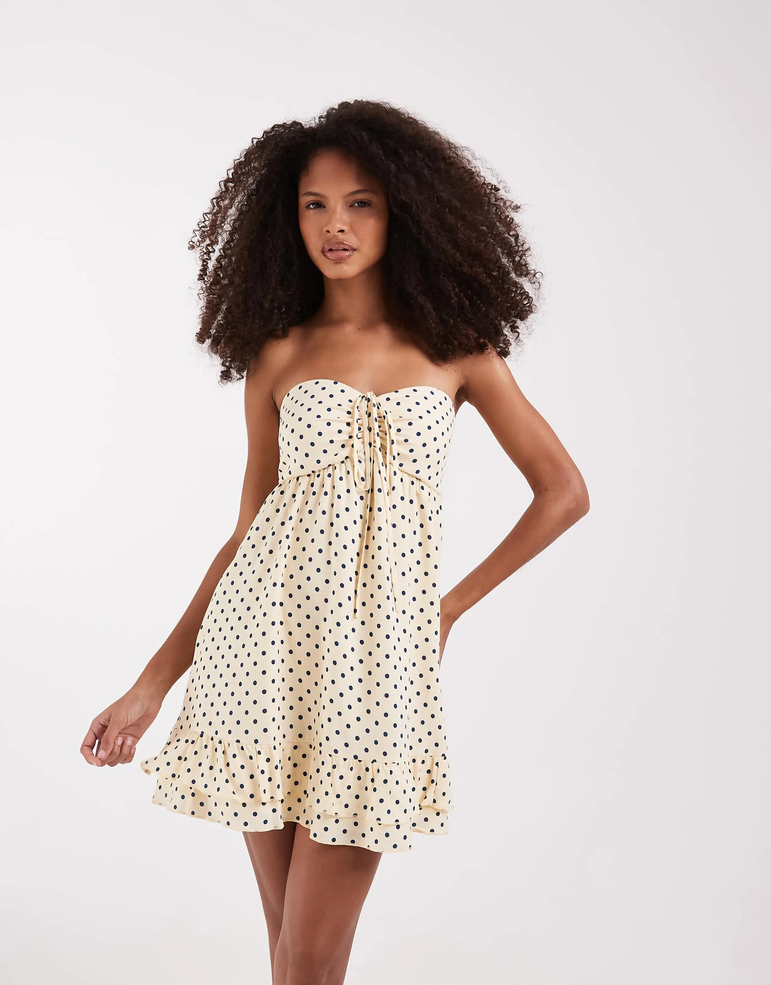 Hollister strapless tie up ruffle babydoll mini dress in yellow polka dots