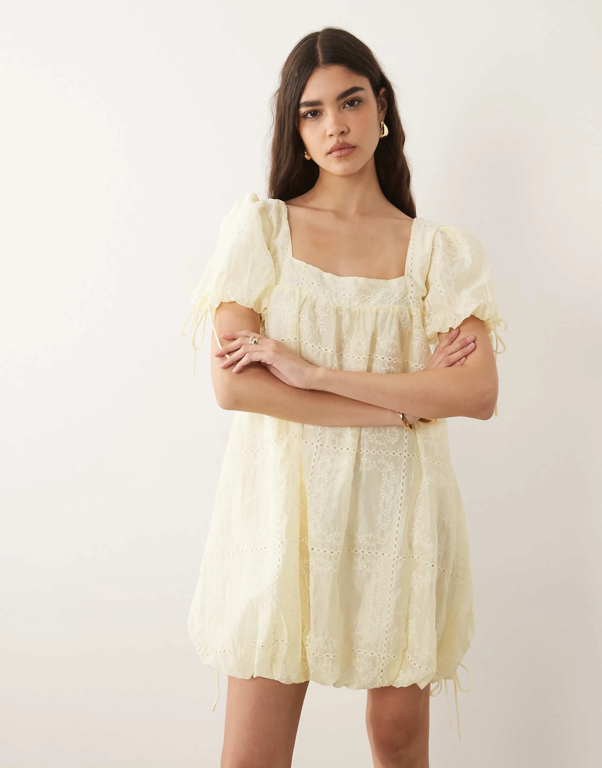 ASOS DESIGN square neck bubble mini dress with embroidery detail in lemon