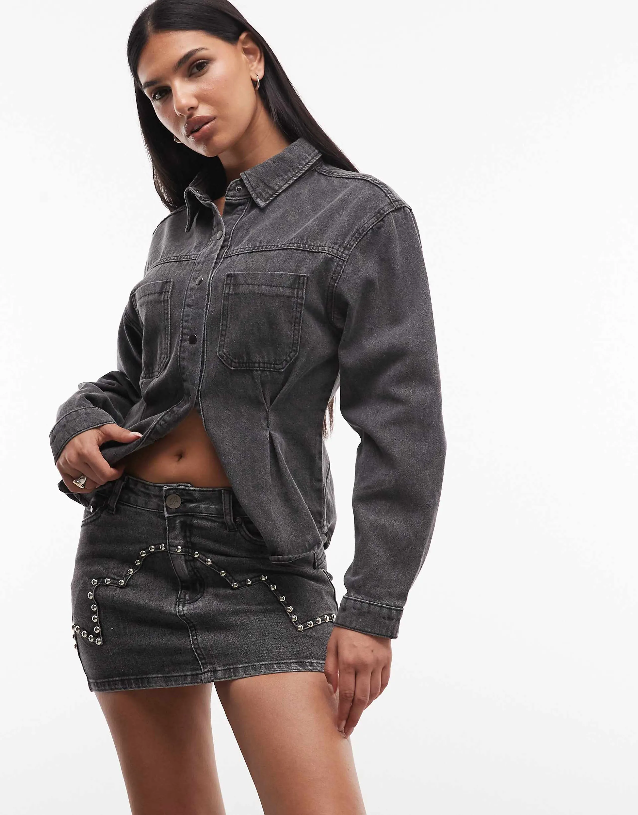 Liquor N Poker stud detail denim mini skirt in washed black