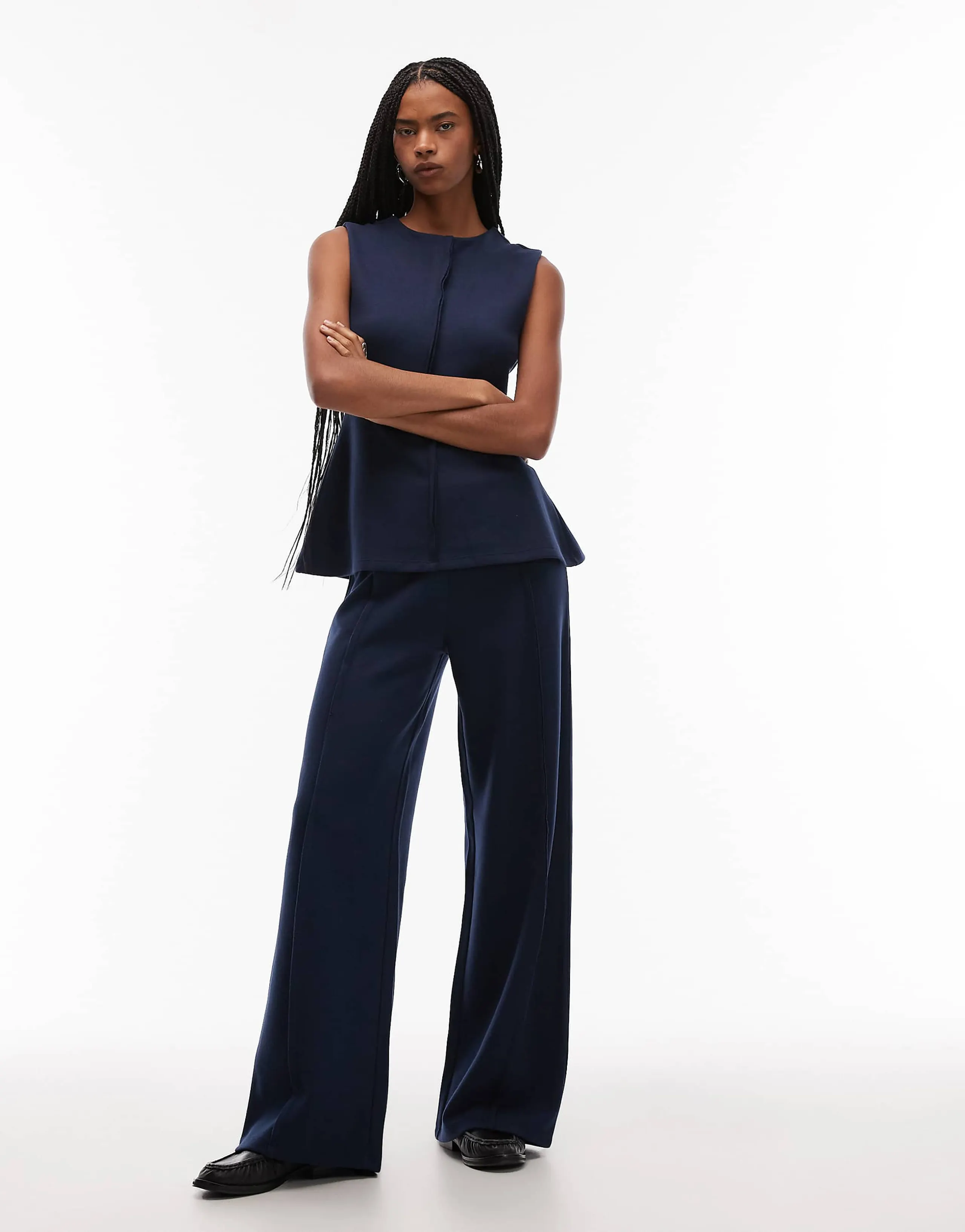 ASOS DESIGN Supersoft seam detail wide leg pants in navy