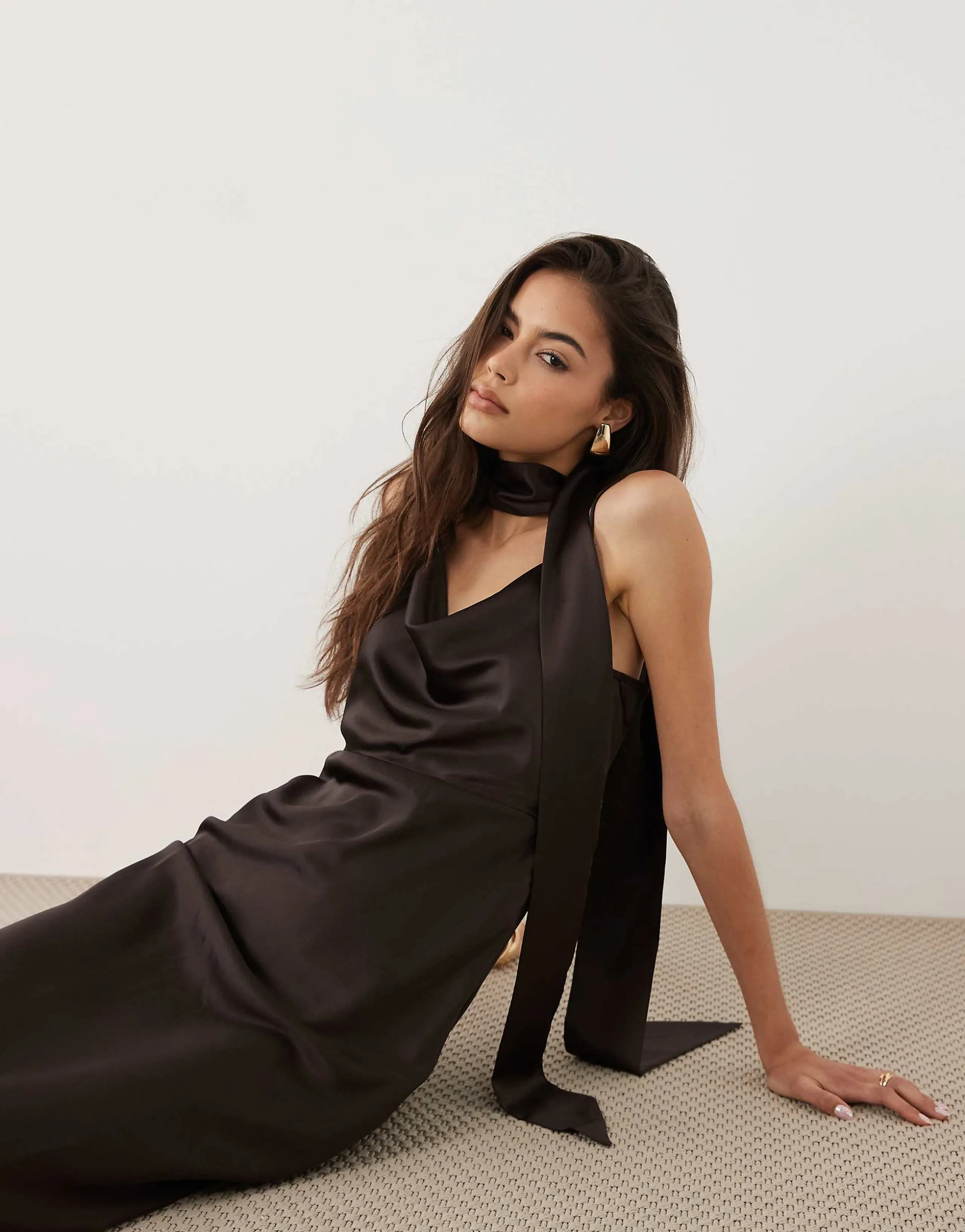 Vero Moda Tall cowl neck satin cami midi dress with scarf detail in chocolate brown