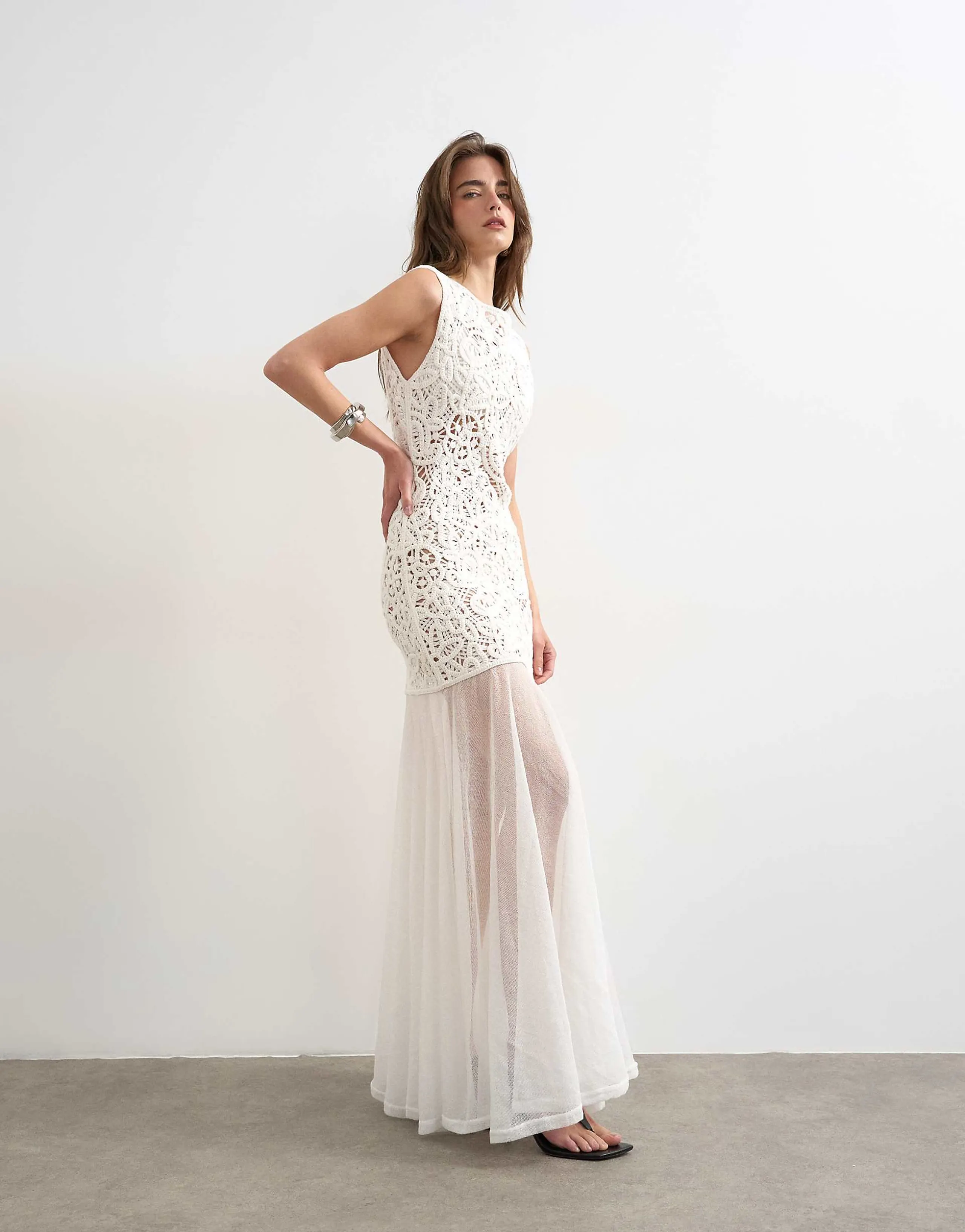 Topshop premium crochet knit full skirted dress in ecru