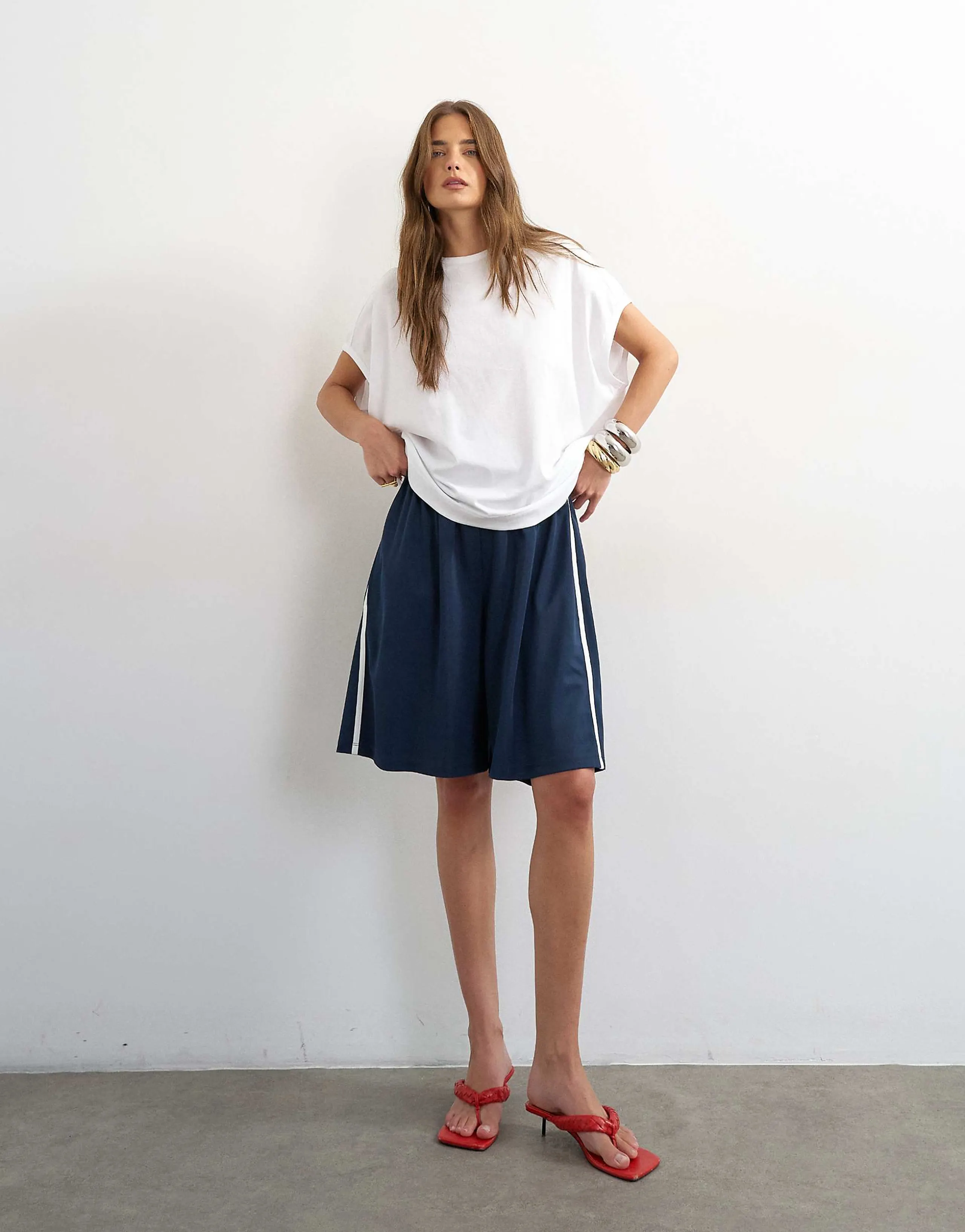 Topshop sport stripe detail shorts in navy