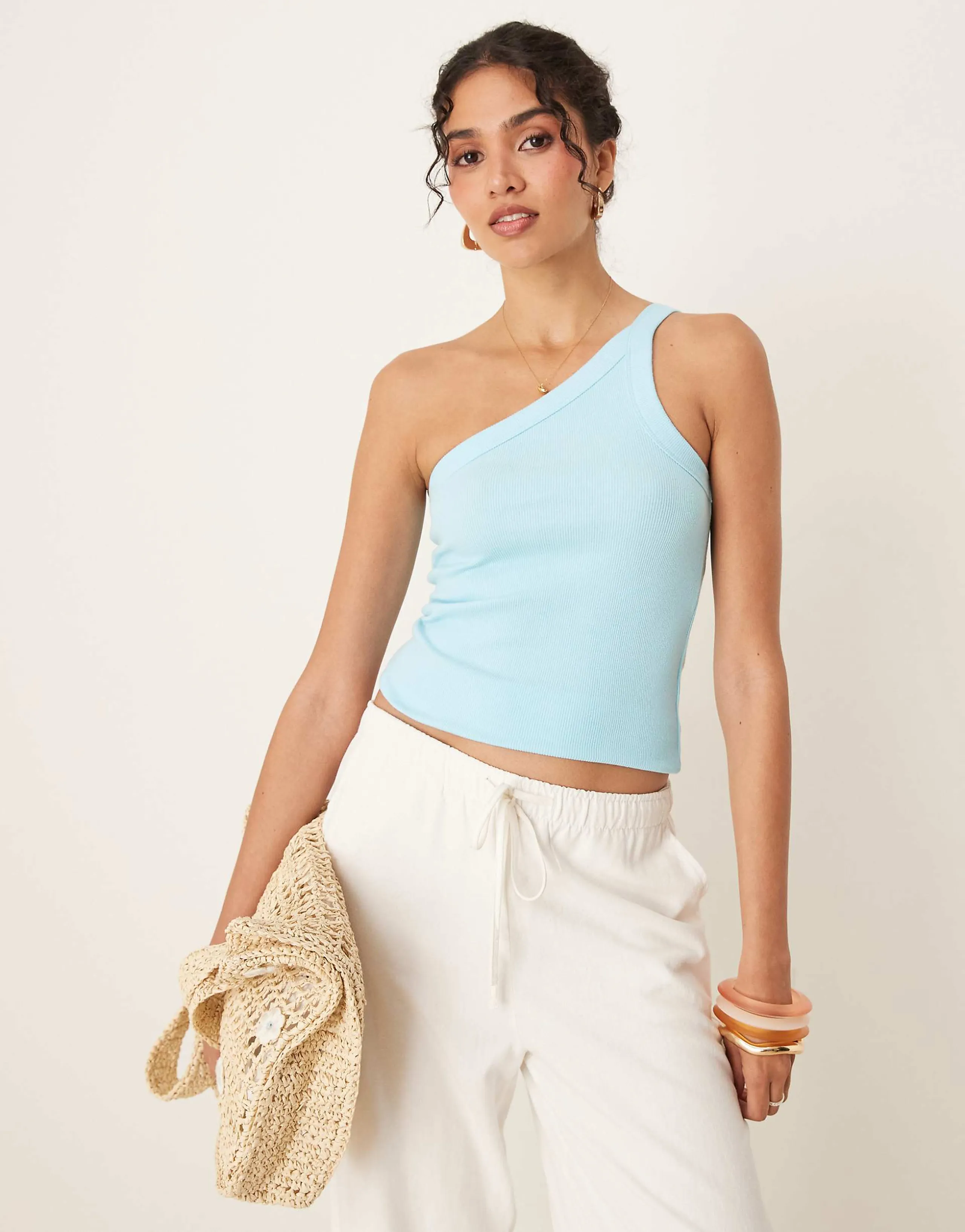 Abercrombie & Fitch one shoulder asymmetric ribbed tank top in blue