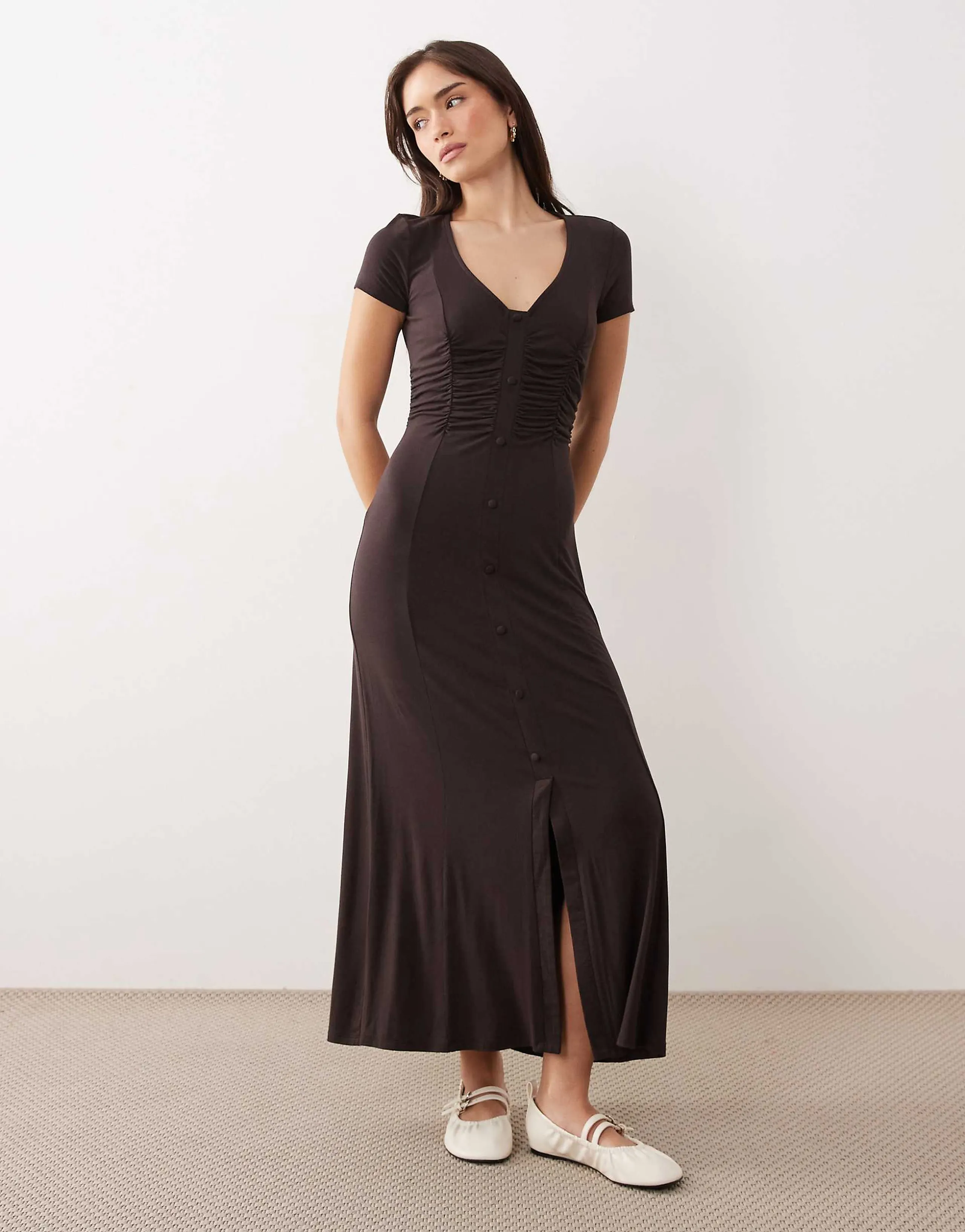 ASOS DESIGN button front ruched waist day dress in chocolate