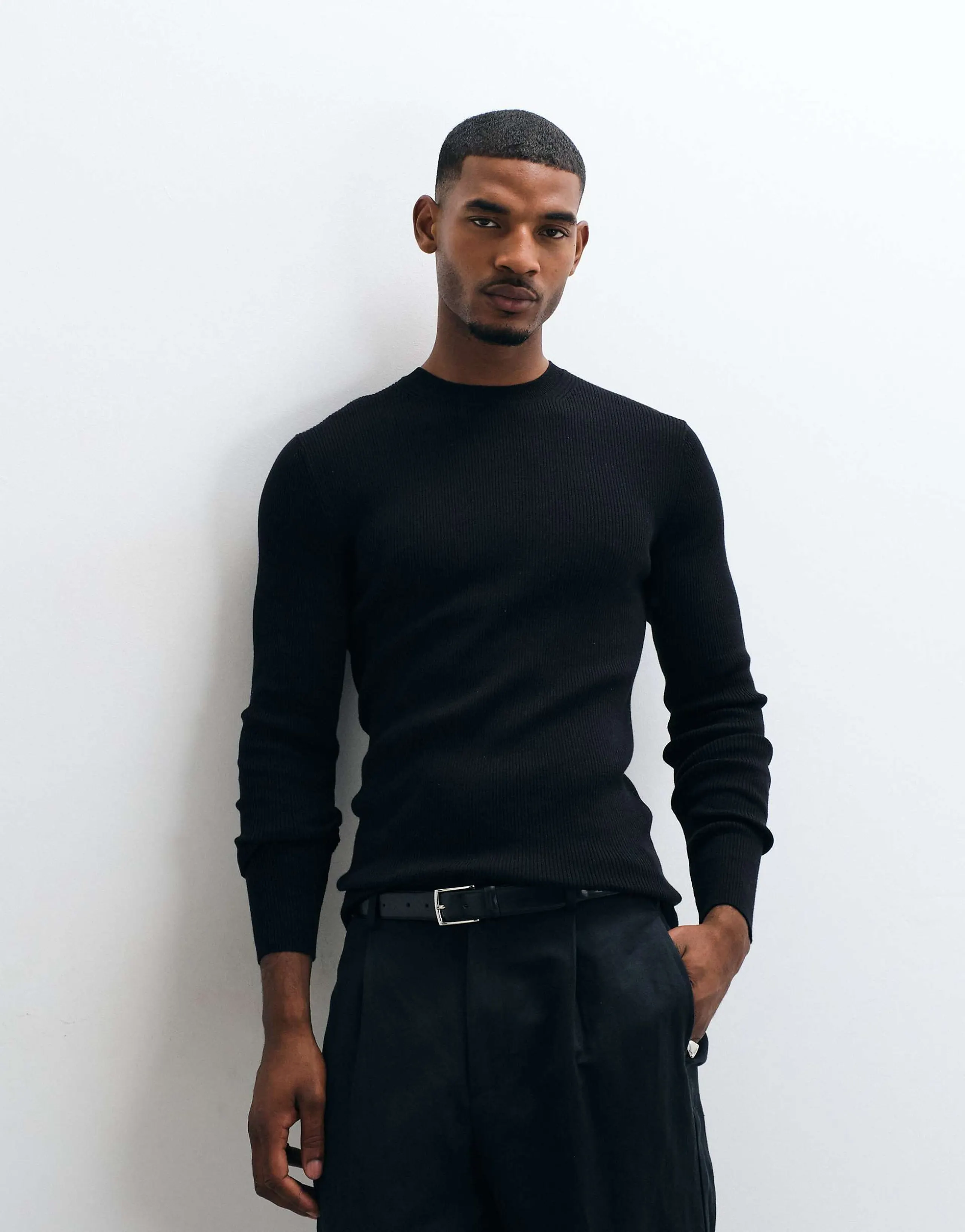 ASOS DESIGN Essentials micro rib muscle fit lightweight knit sweater in black