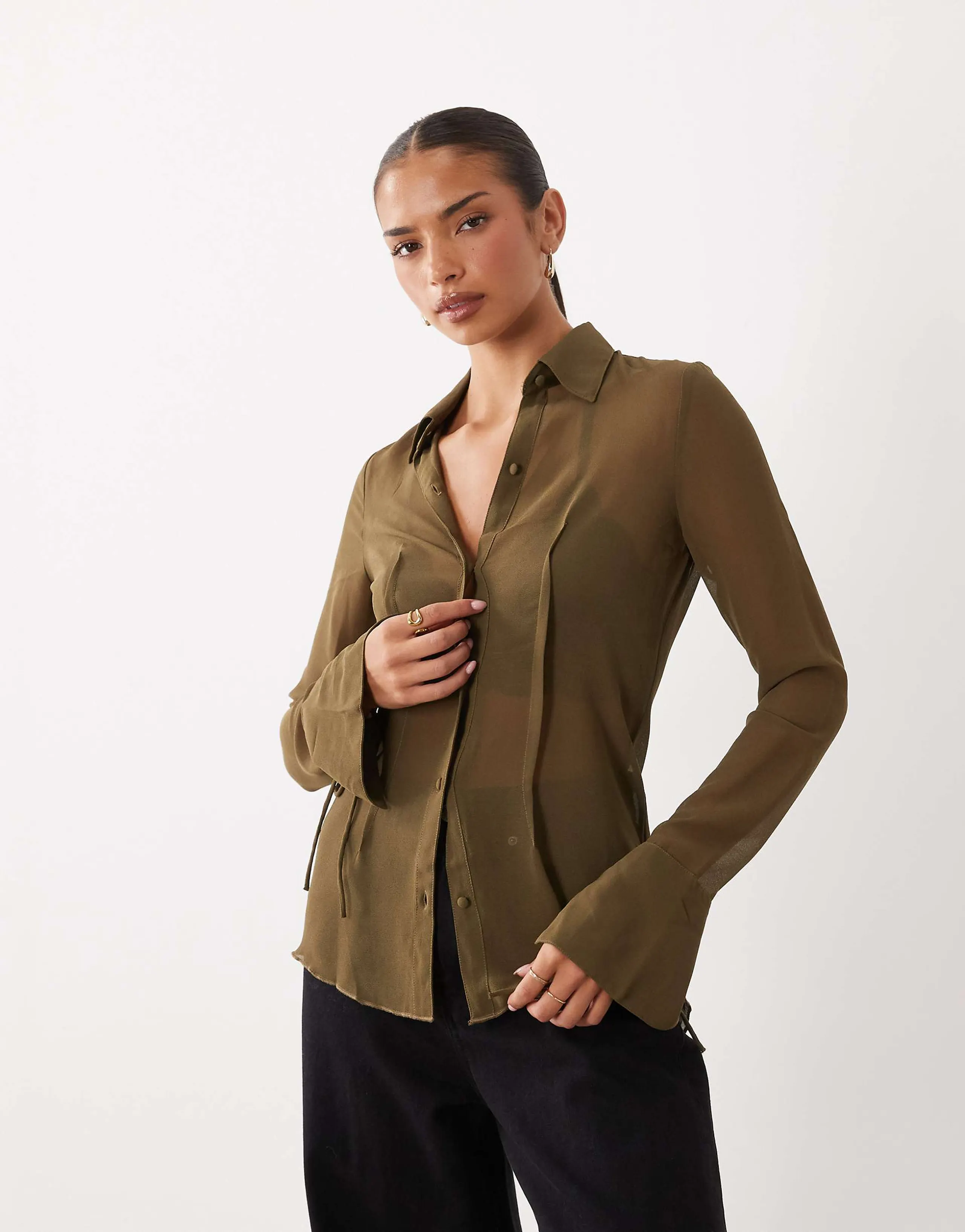 ASOS DESIGN sheer 90s shirt in khaki