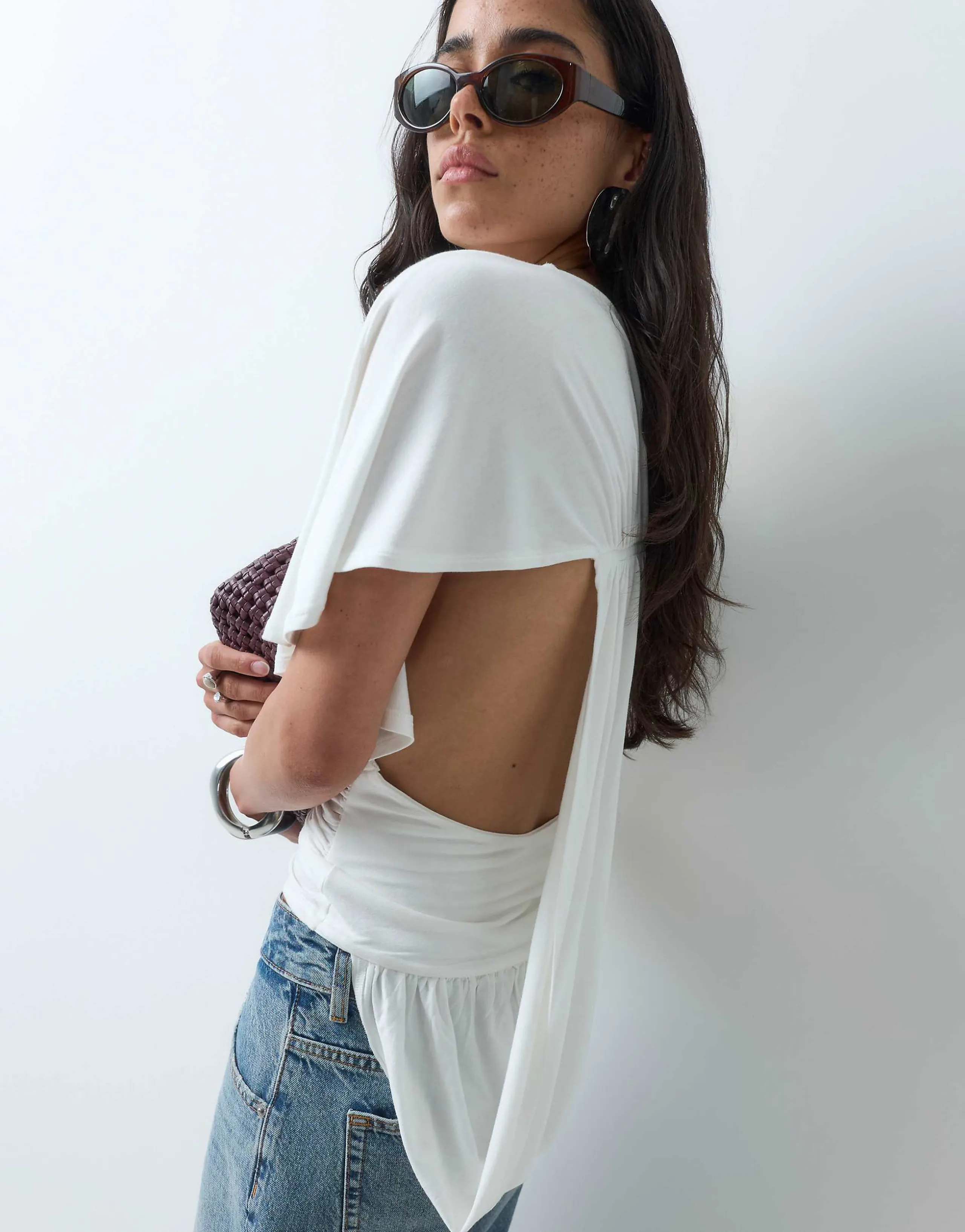 ASOS DESIGN one sleeve top with asymmetric drape detail in white