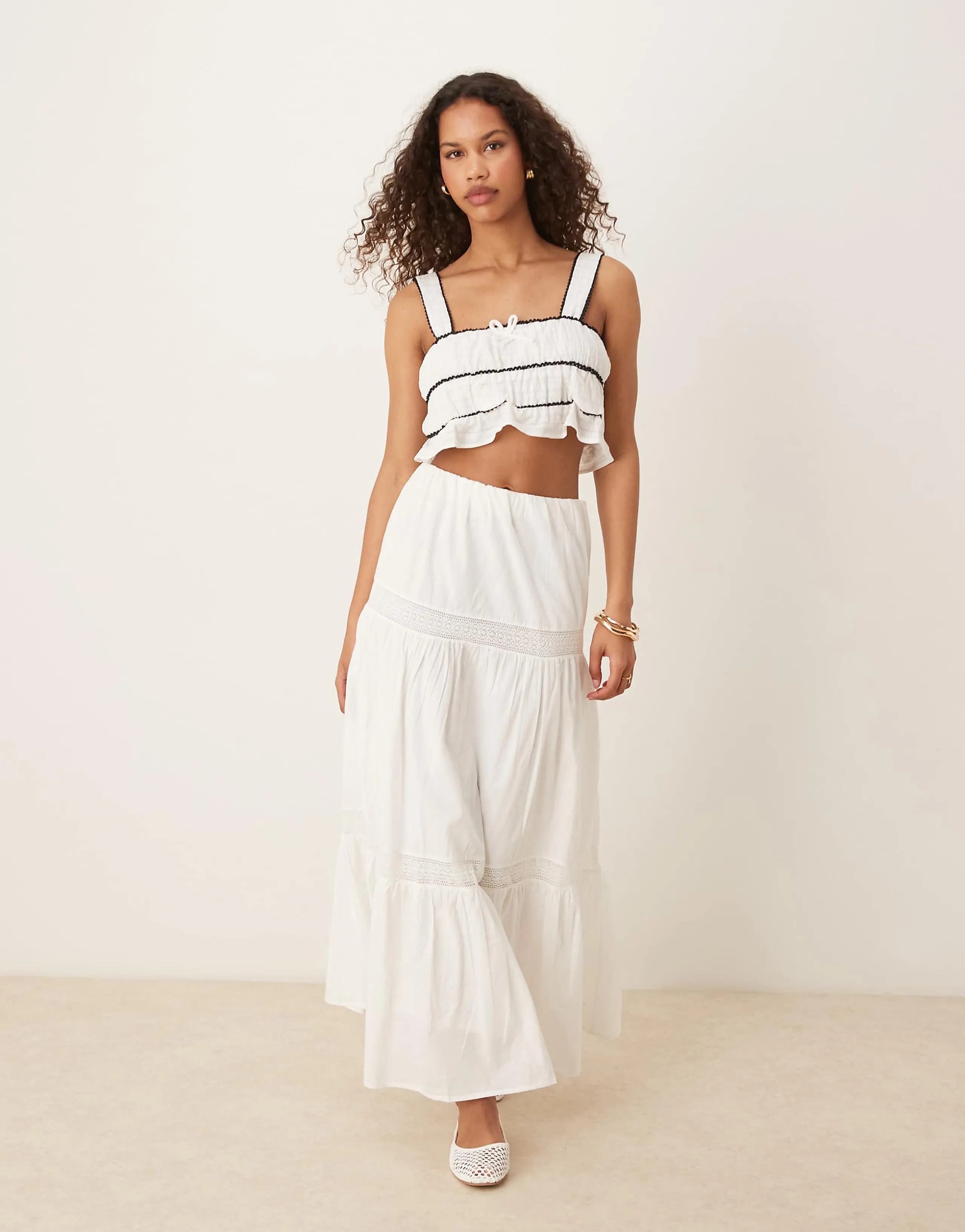 Gina Tricot tiered lace midi skirt in white