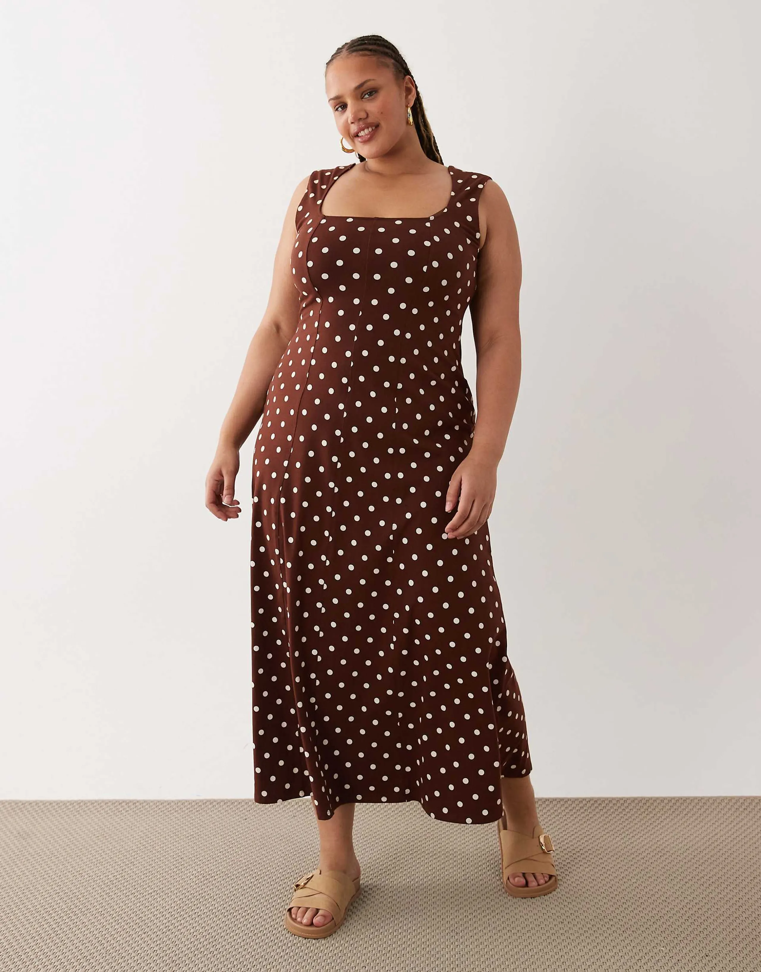 ASOS DESIGN Curve square neck seam detailing midi dress in polka dots