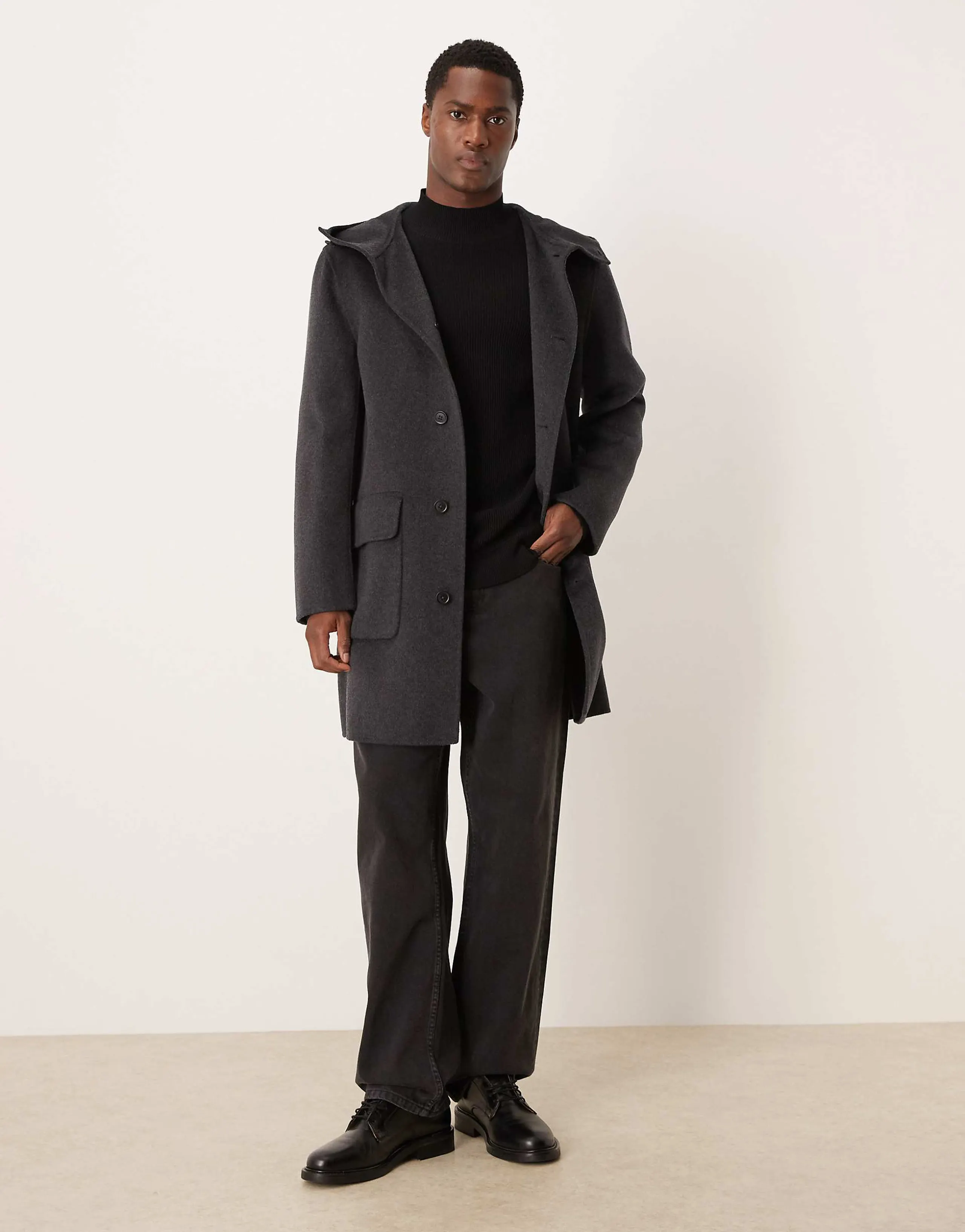 Mango wool mix longline relaxed fit coat with hood in charcoal