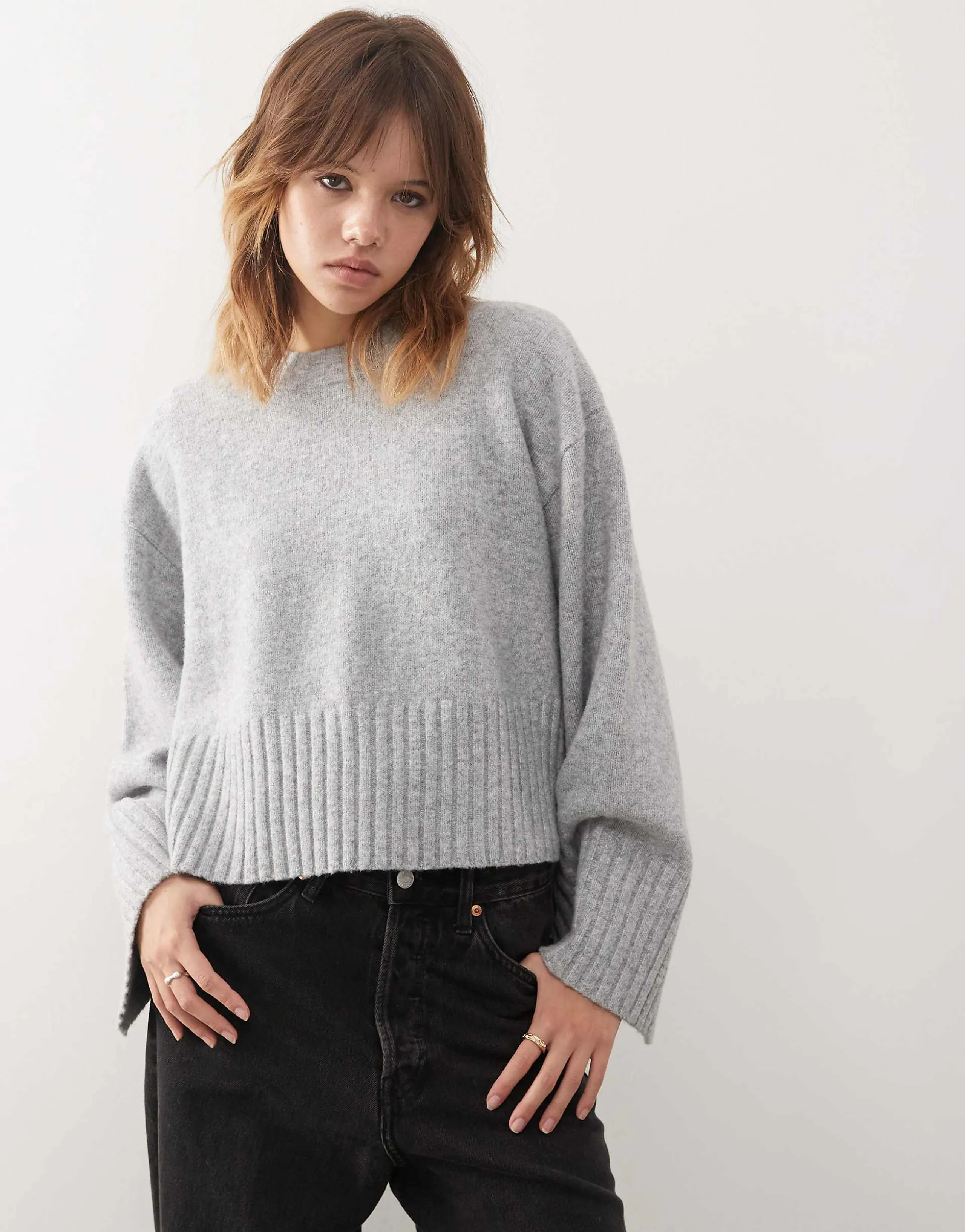 Monki crew neck knit sweater with ribbed cuffs and hem in heather gray
