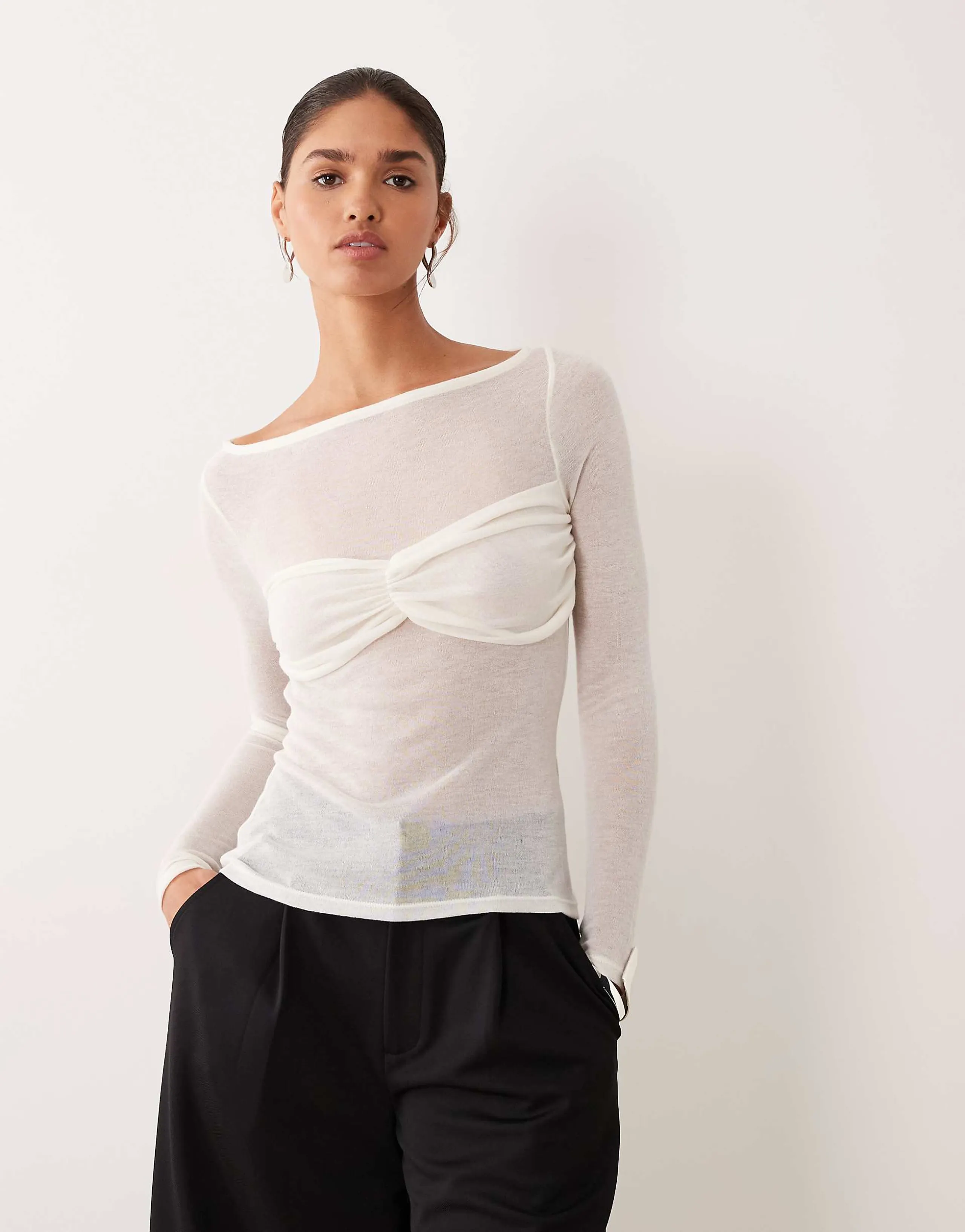 ASOS DESIGN knit-look semi sheer long sleeve top with ruched bust overlay in ivory
