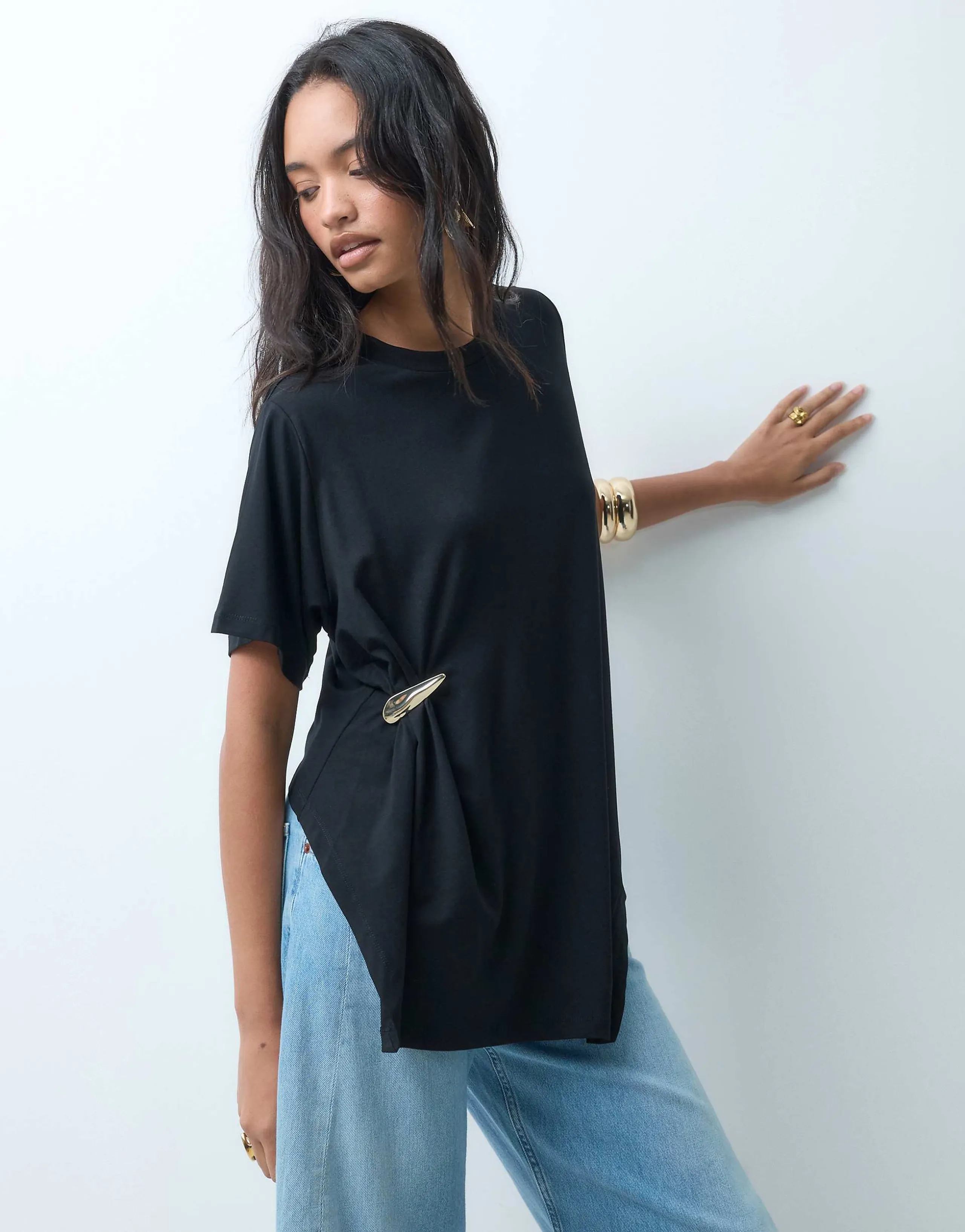 ASOS DESIGN oversized drapey T-shirt with hardware detail in black