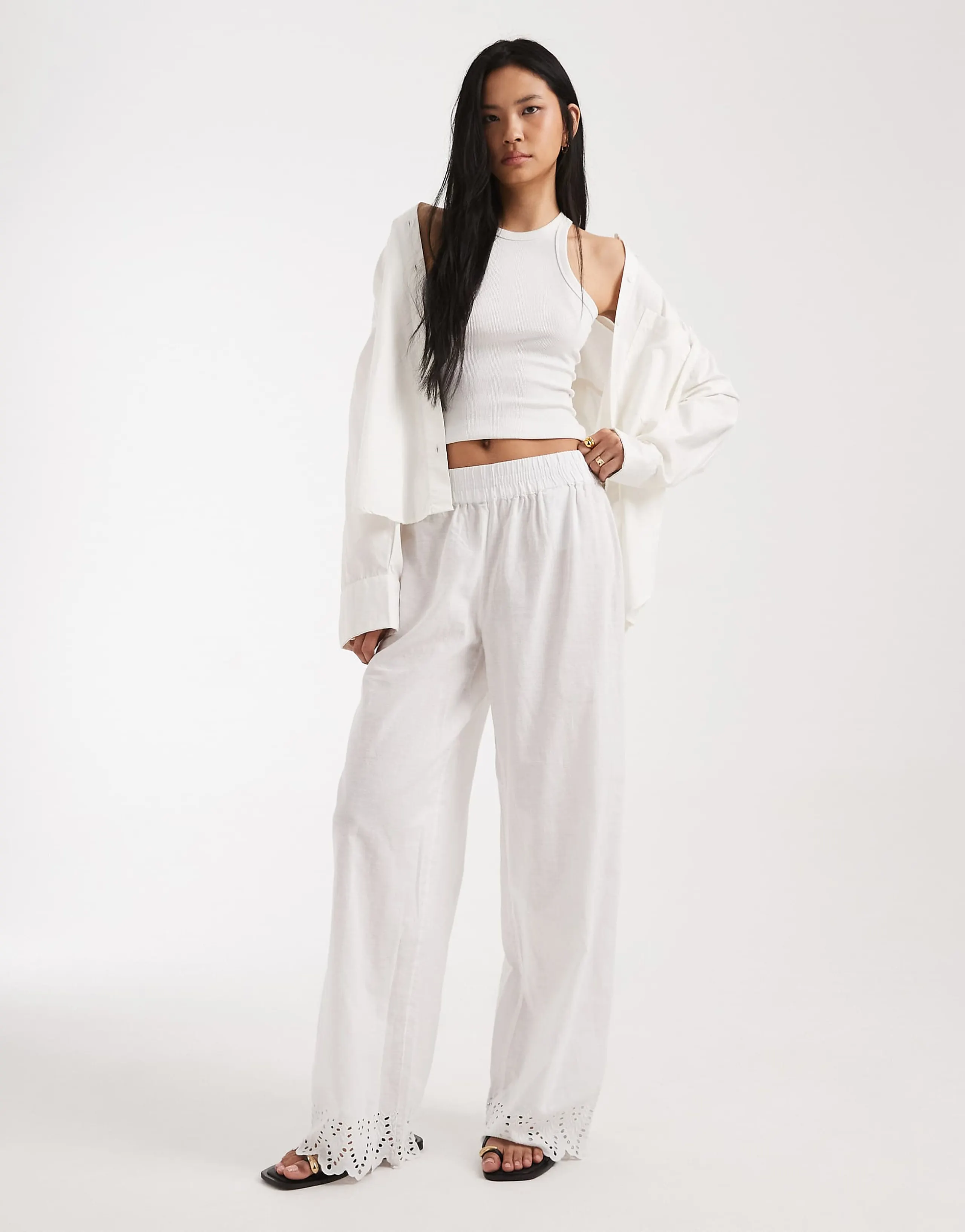 ONLY Tall pants with embroidered hem in white