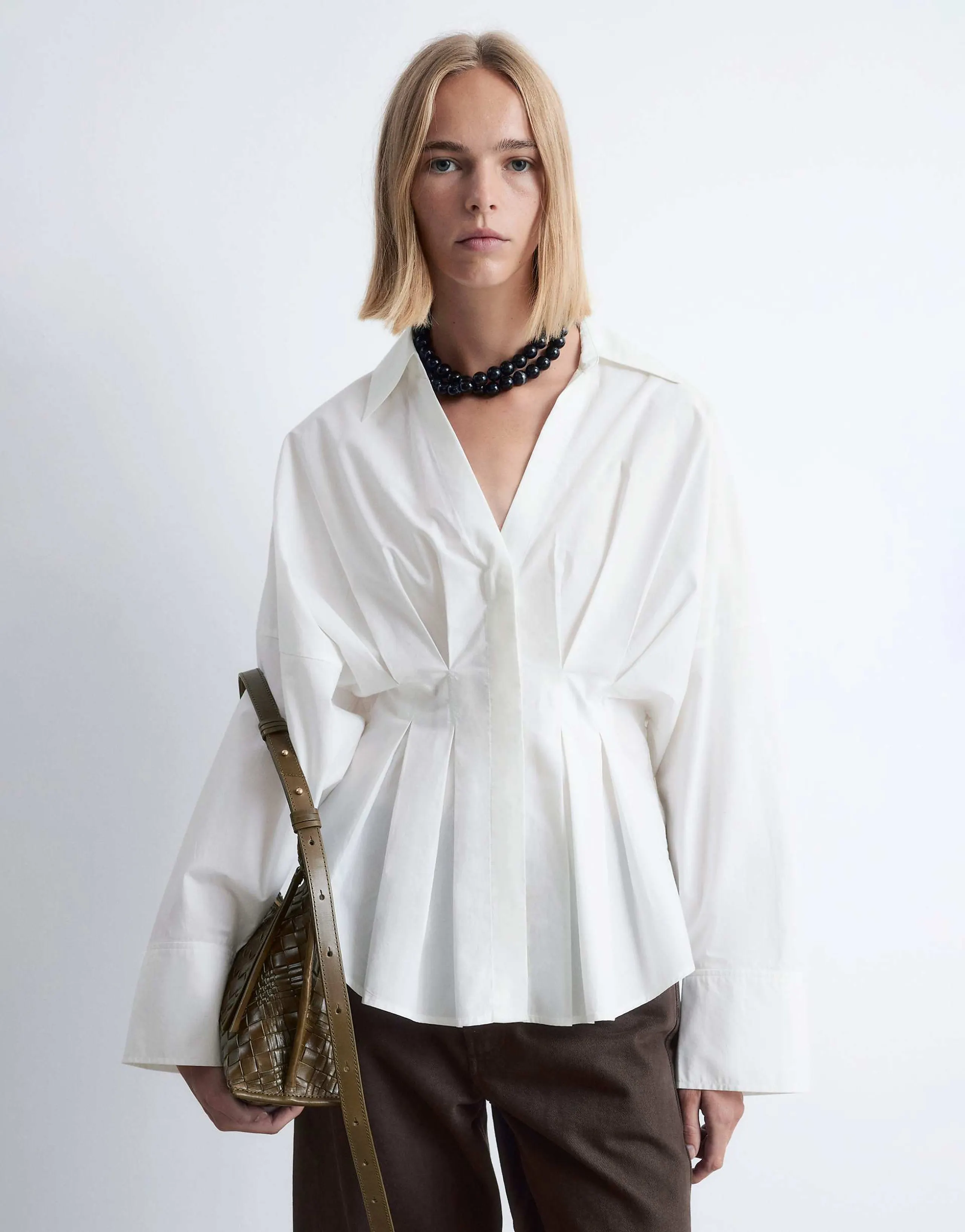 & Other Stories shirt with cinch waist and volume sleeves in white