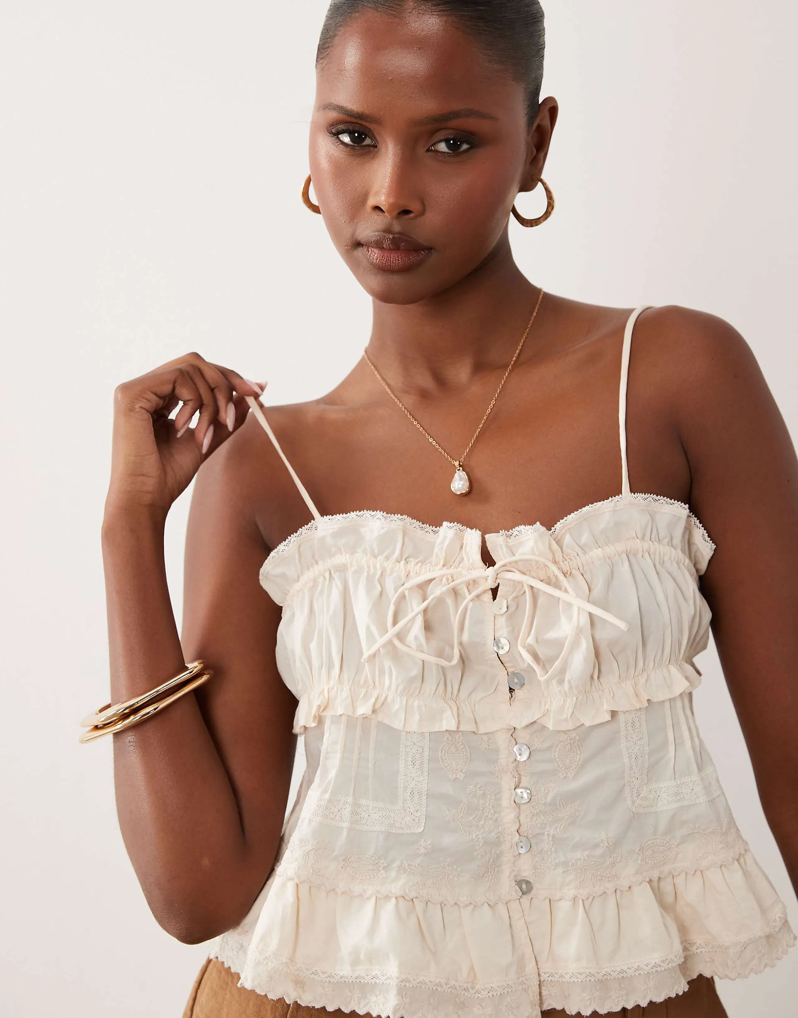 Mango 100% cotton embroidered strappy cami top in beige