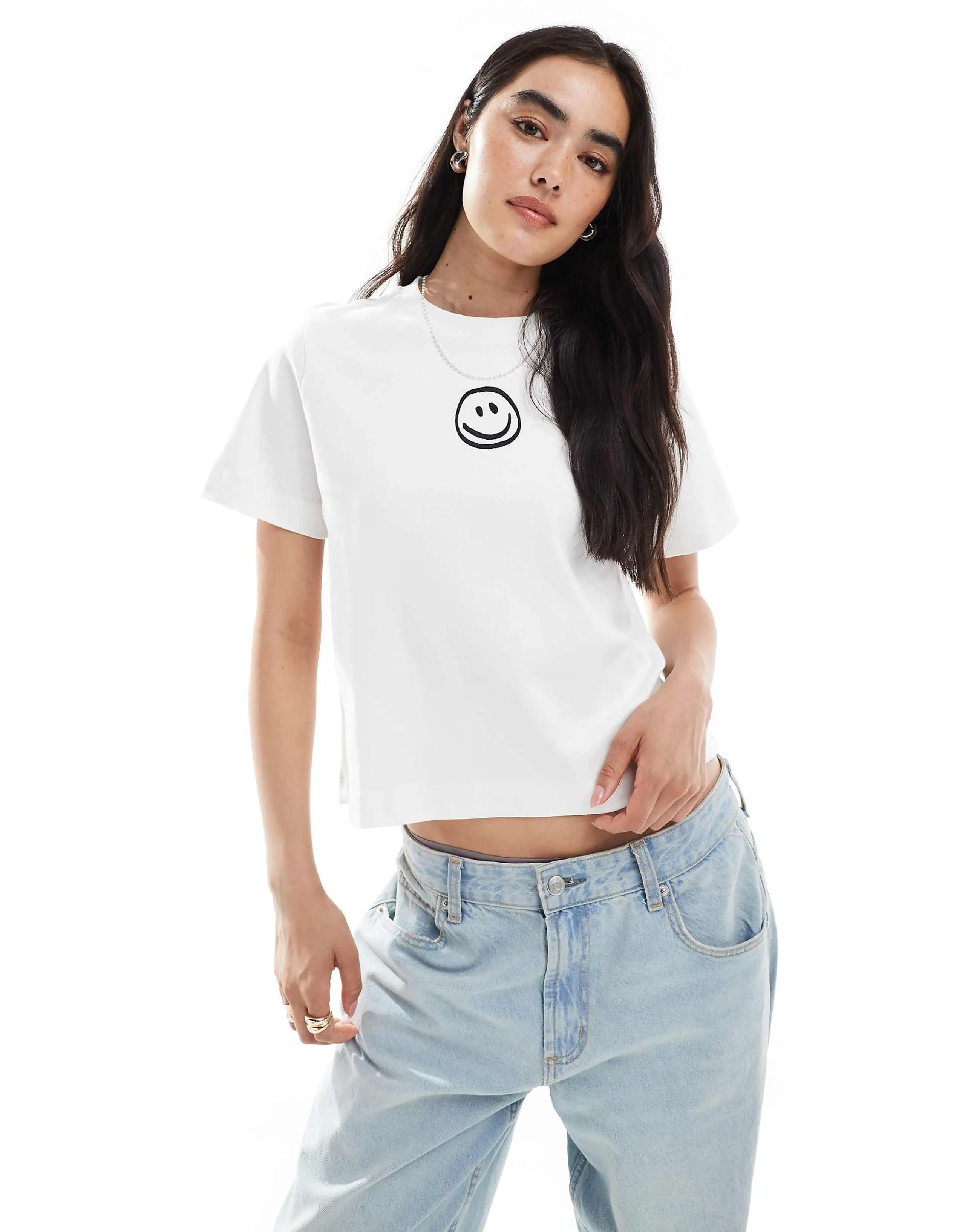 Vero Moda boxy tee with smile face graphic in white