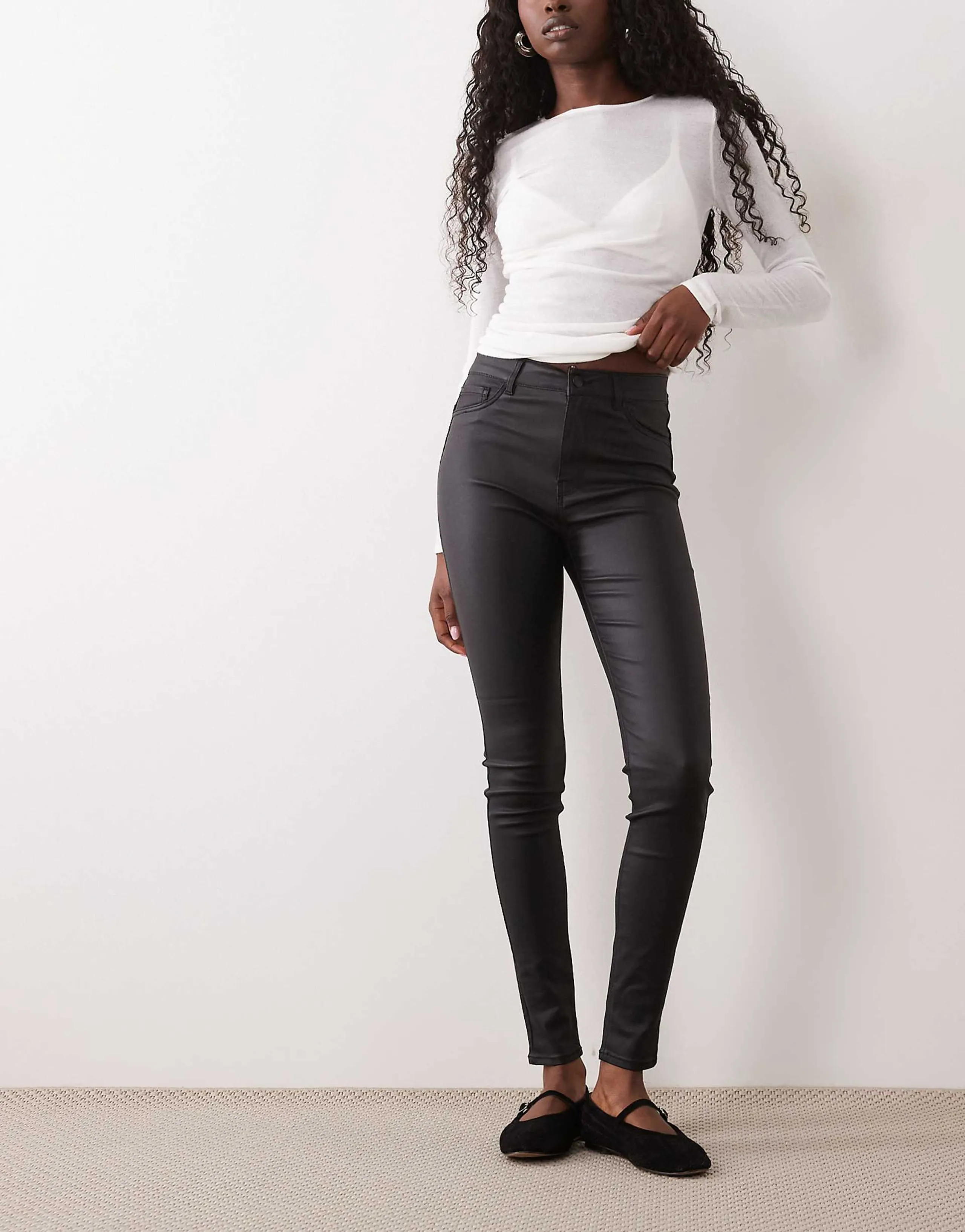 JDY high rise coated skinny jeans in black
