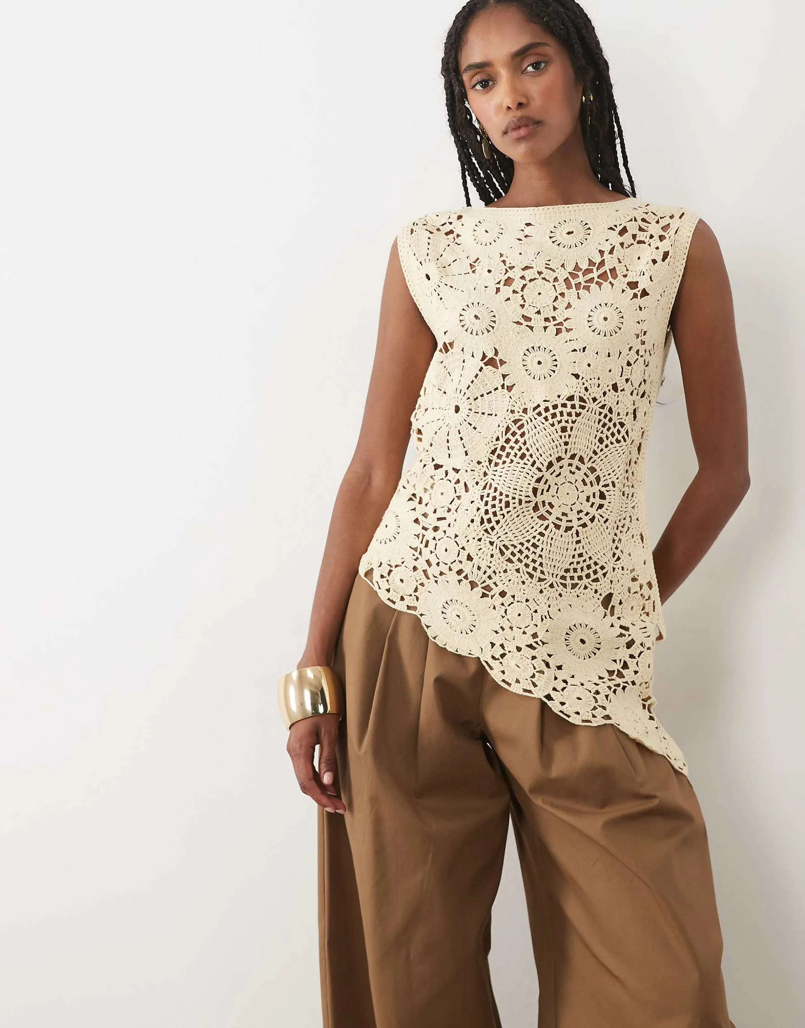 Mango cotton rich sleeveless aysmmetric crochet top in beige