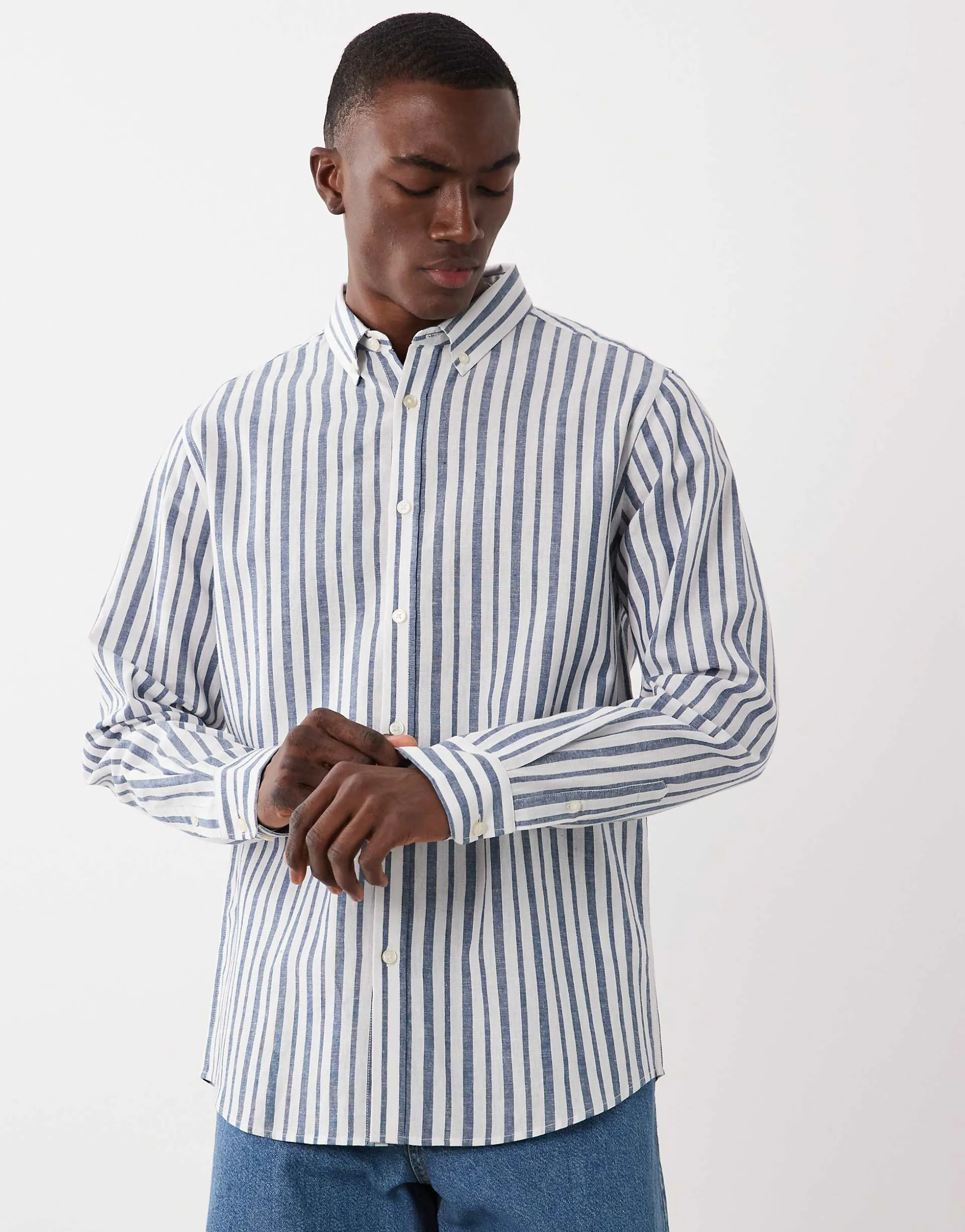 Threadbare long sleeve shirt in white and blue stripes