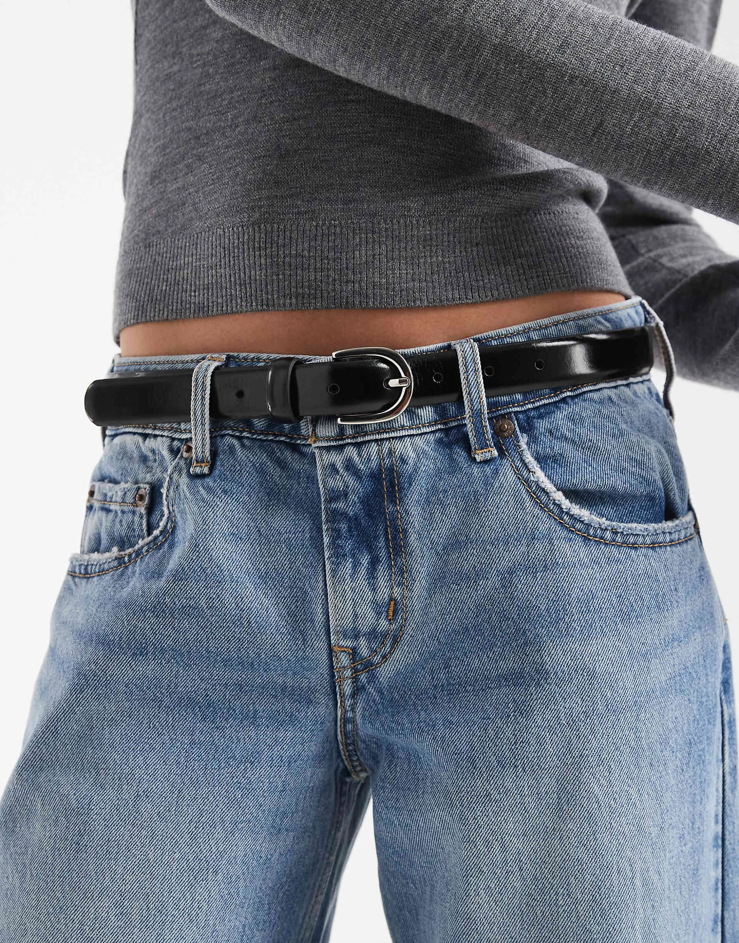 Pieces leather belt with silver buckle in black