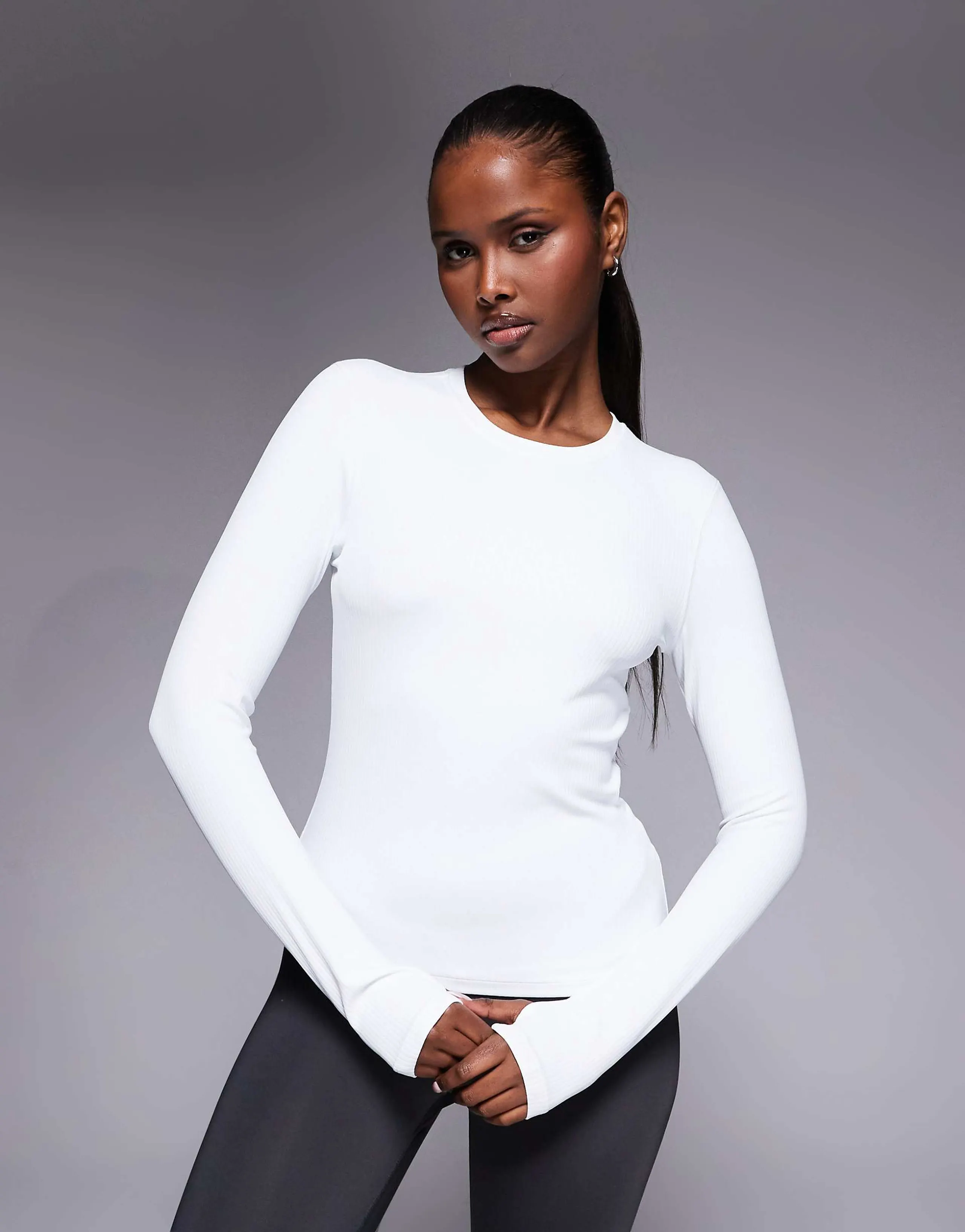 4505 plush handle ribbed long sleeve warmup top in white