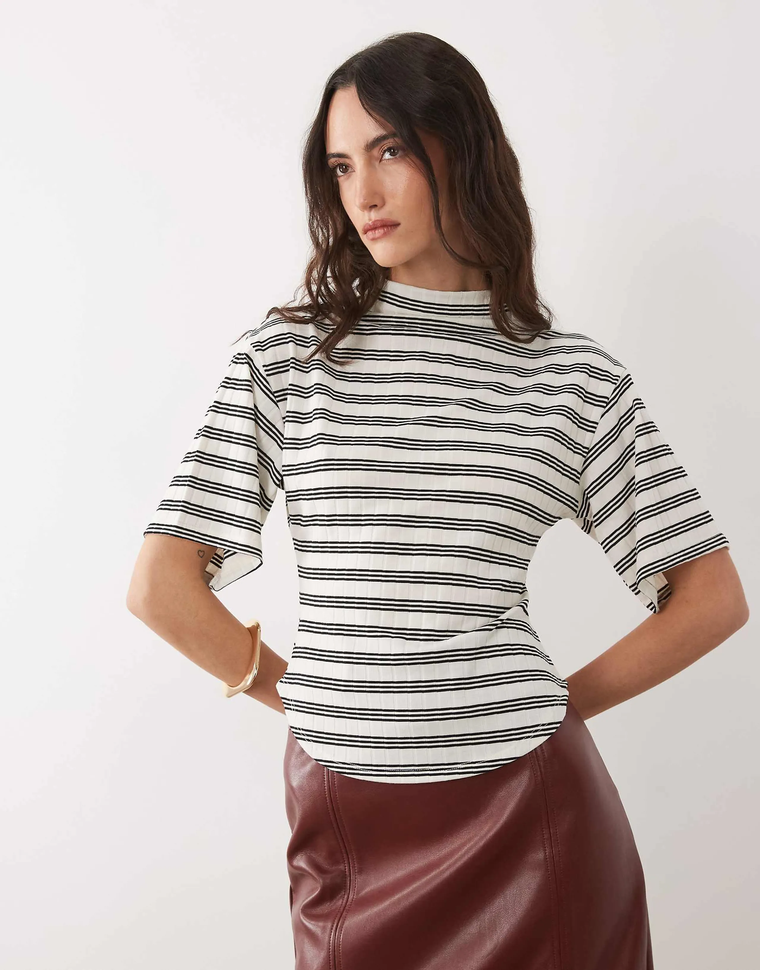 ASOS DESIGN short sleeve with high neck top in wide stripes