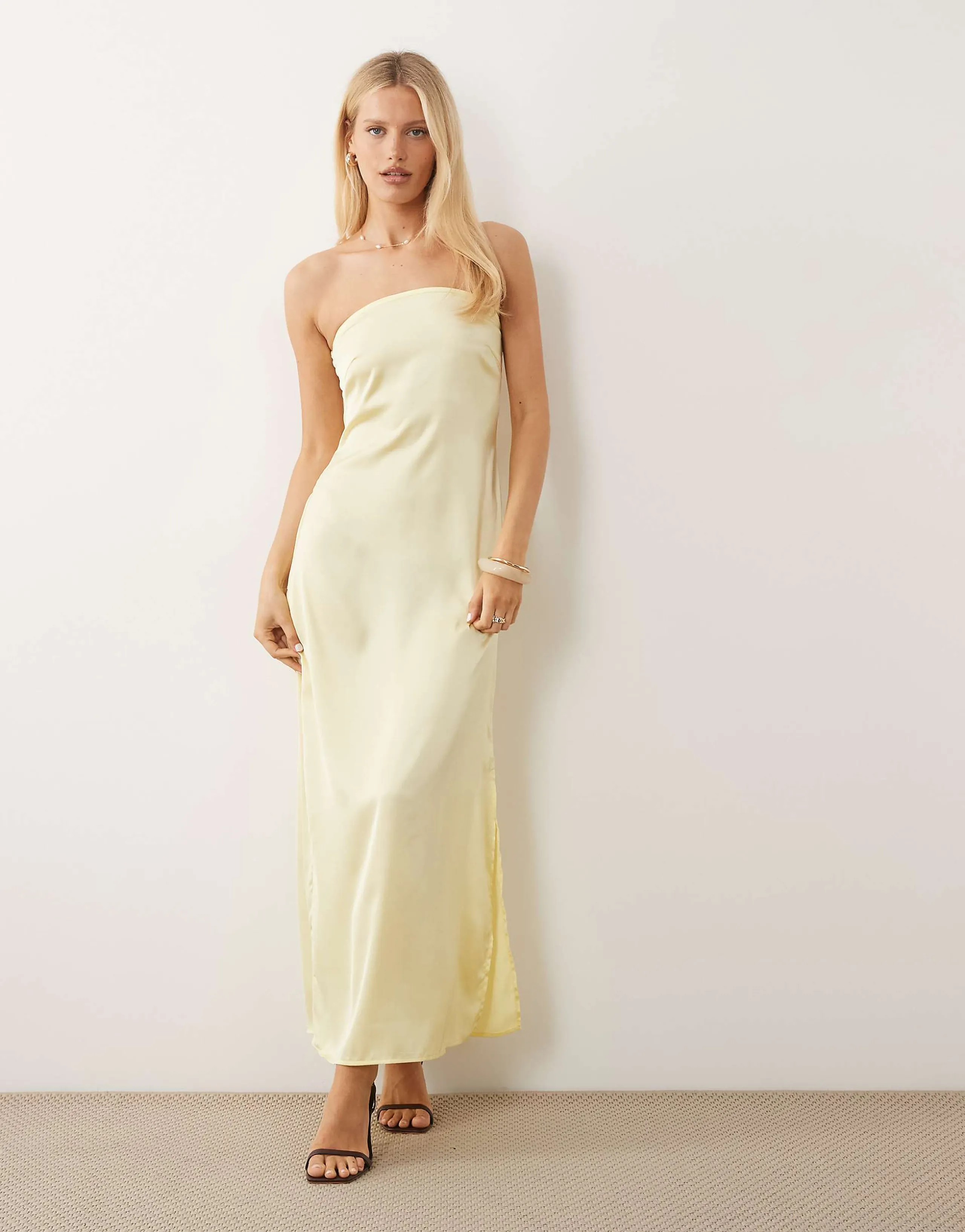 Pieces bandeau maxi satin dress in pale banana