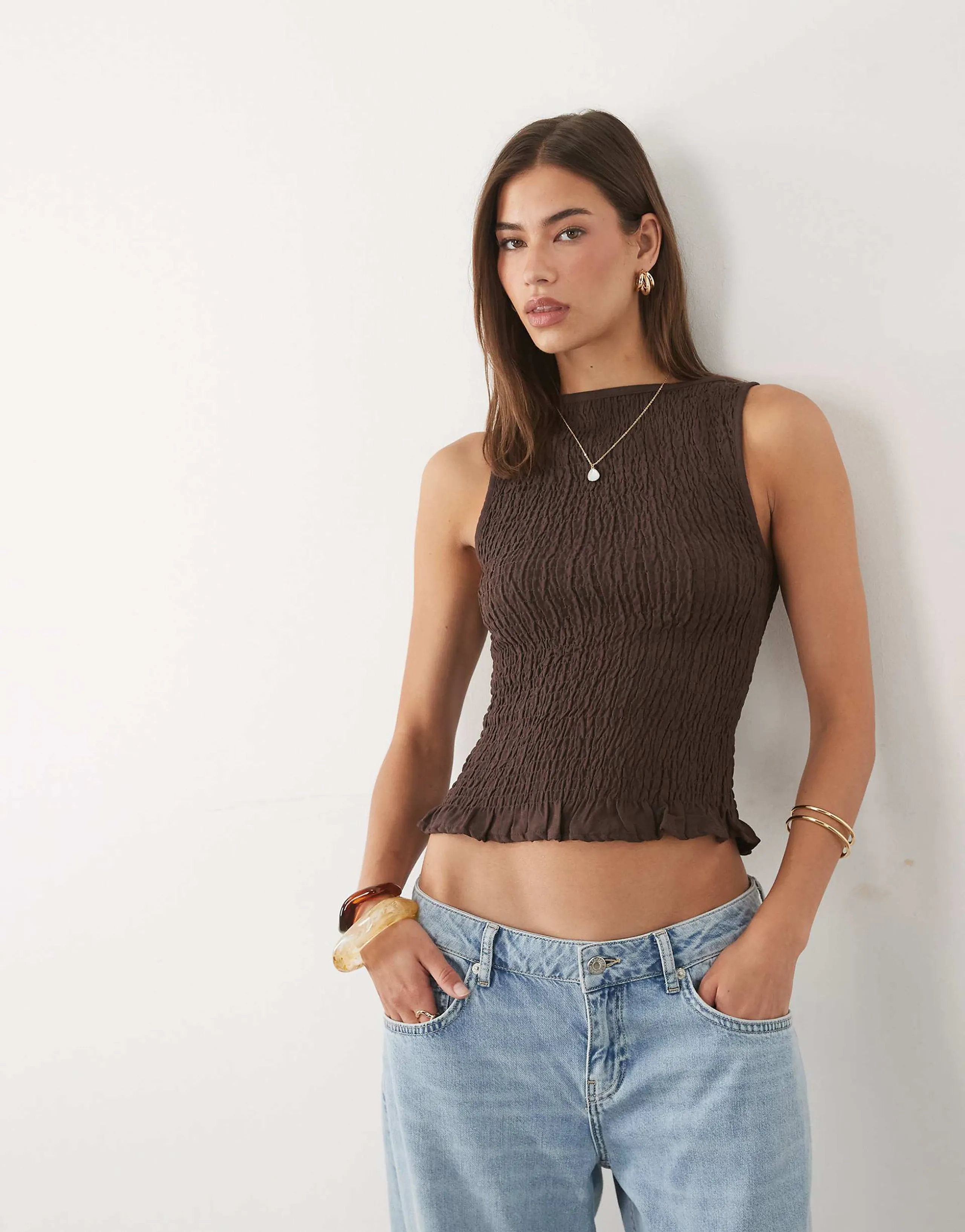 ASOS DESIGN linen look shirred tank top in chocolate