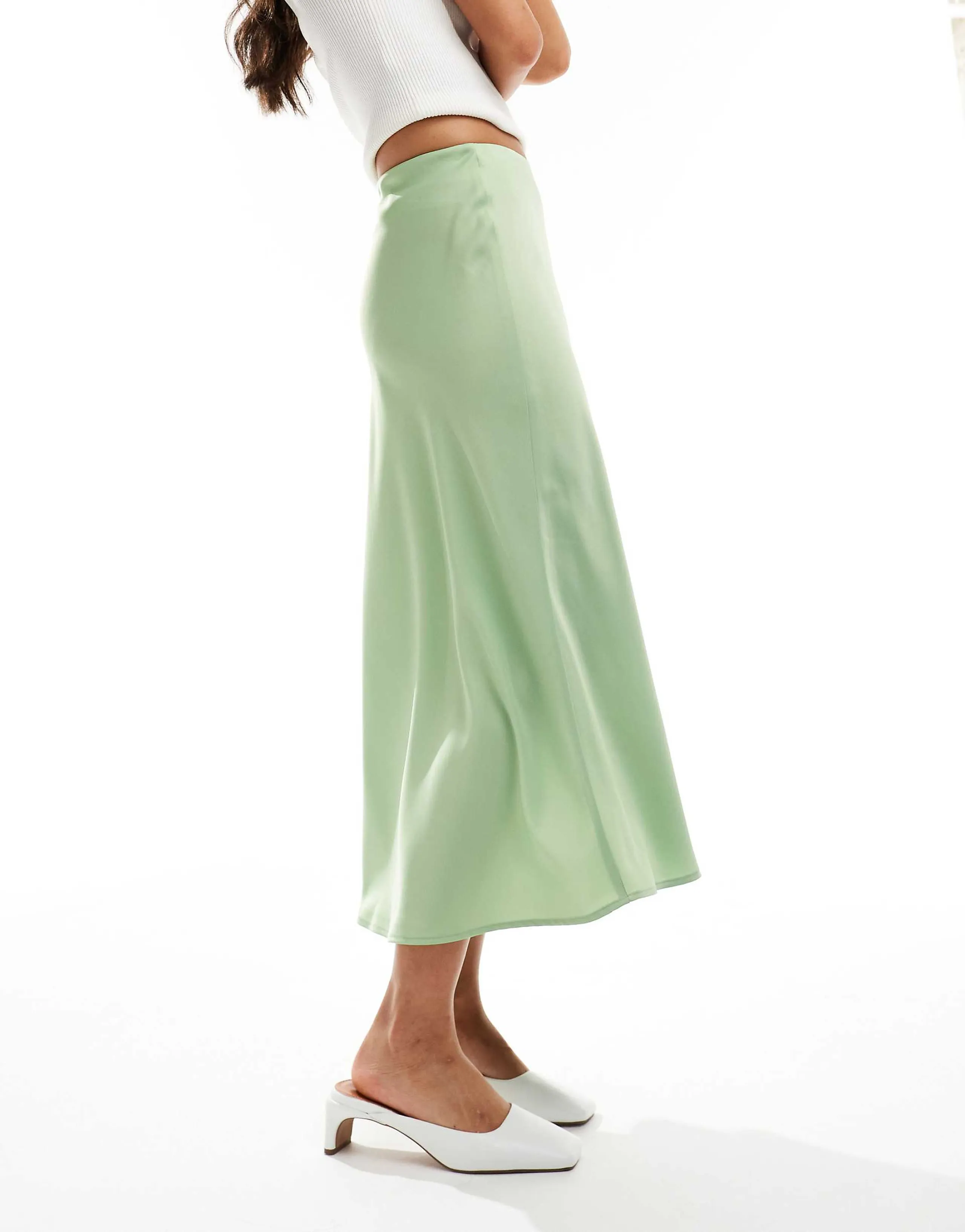 YAS satin midi skirt in light green