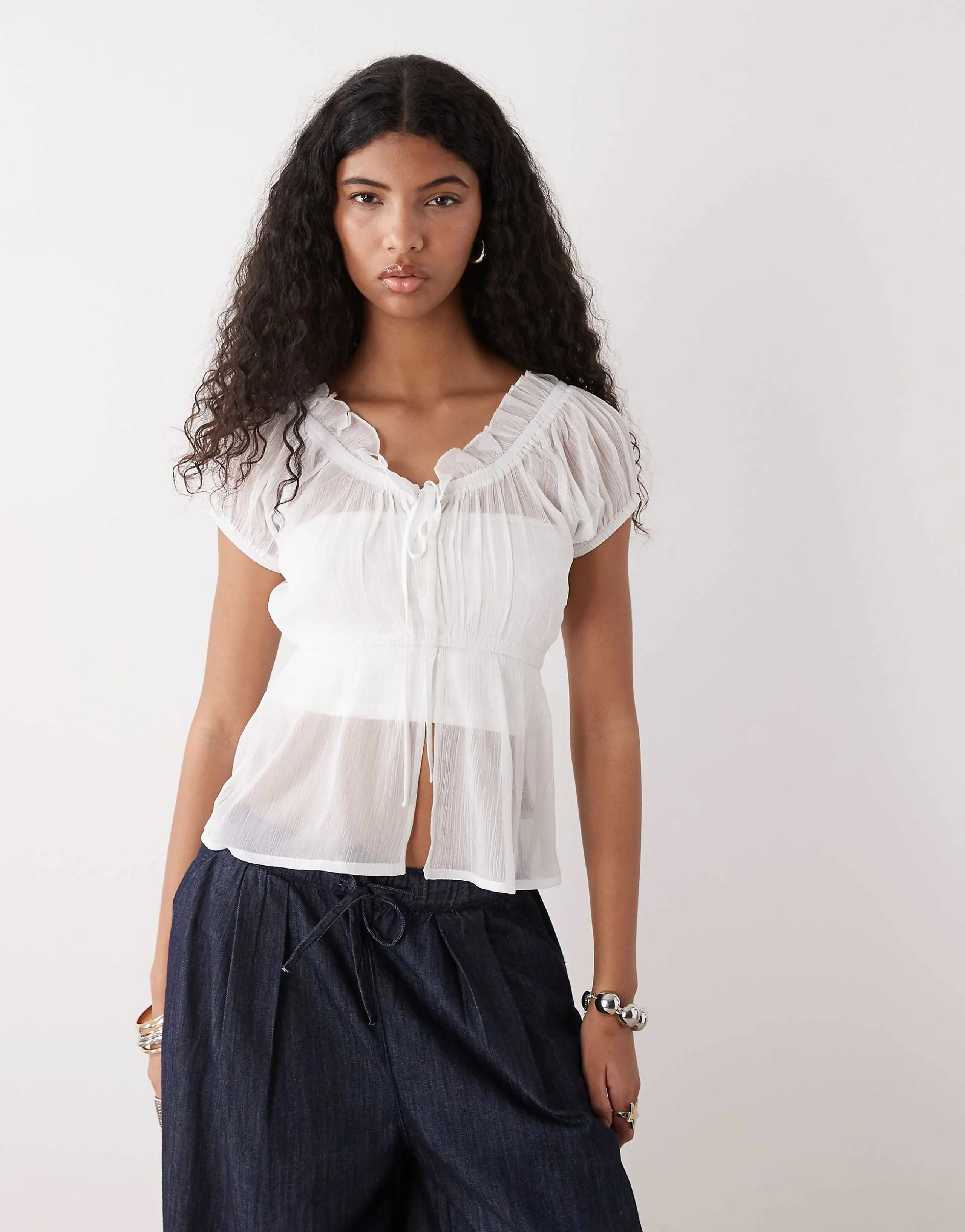 COLLUSION frill trim short sleeve blouse in white