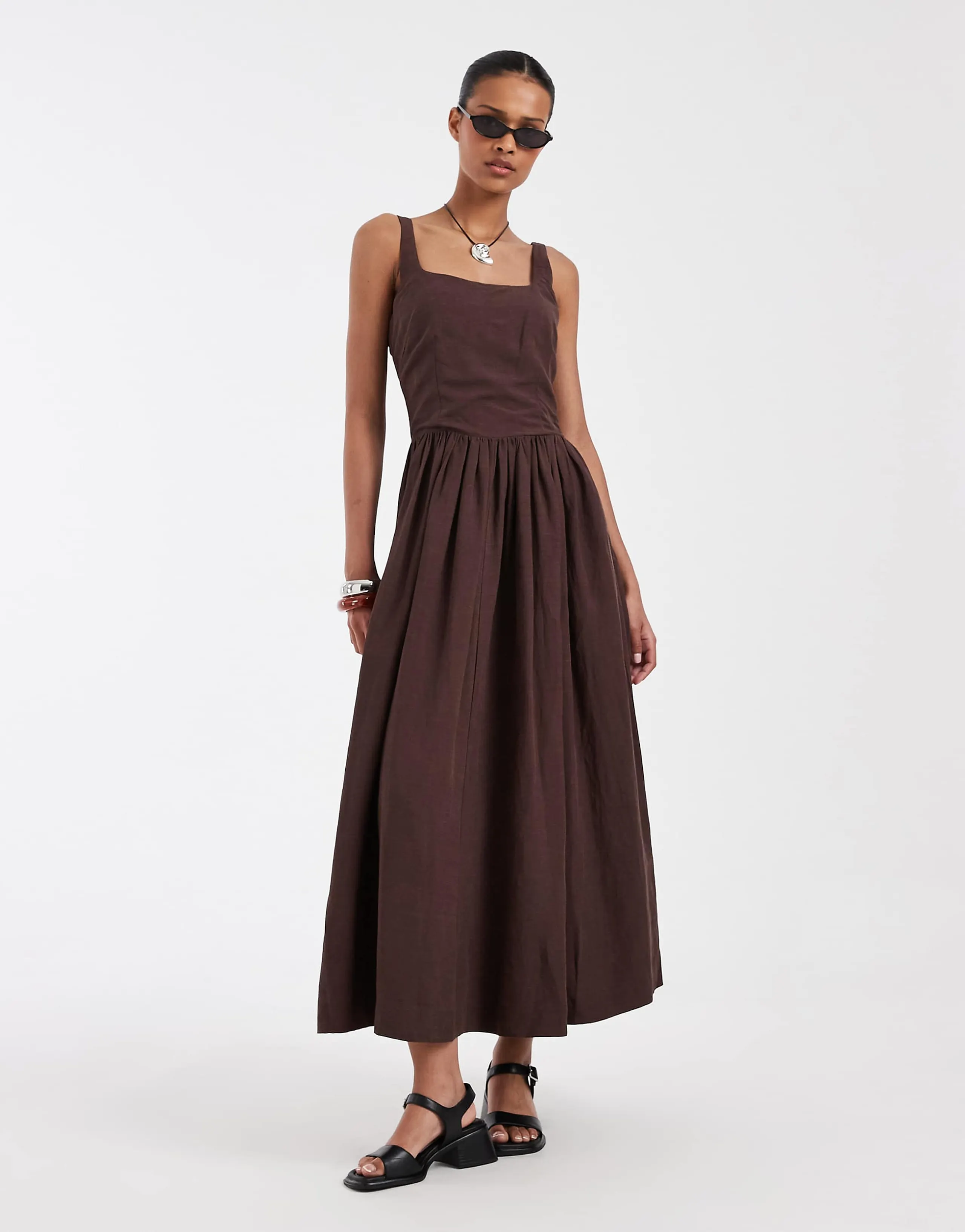 & Other Stories corset detail midi dress with puff skirt in brown