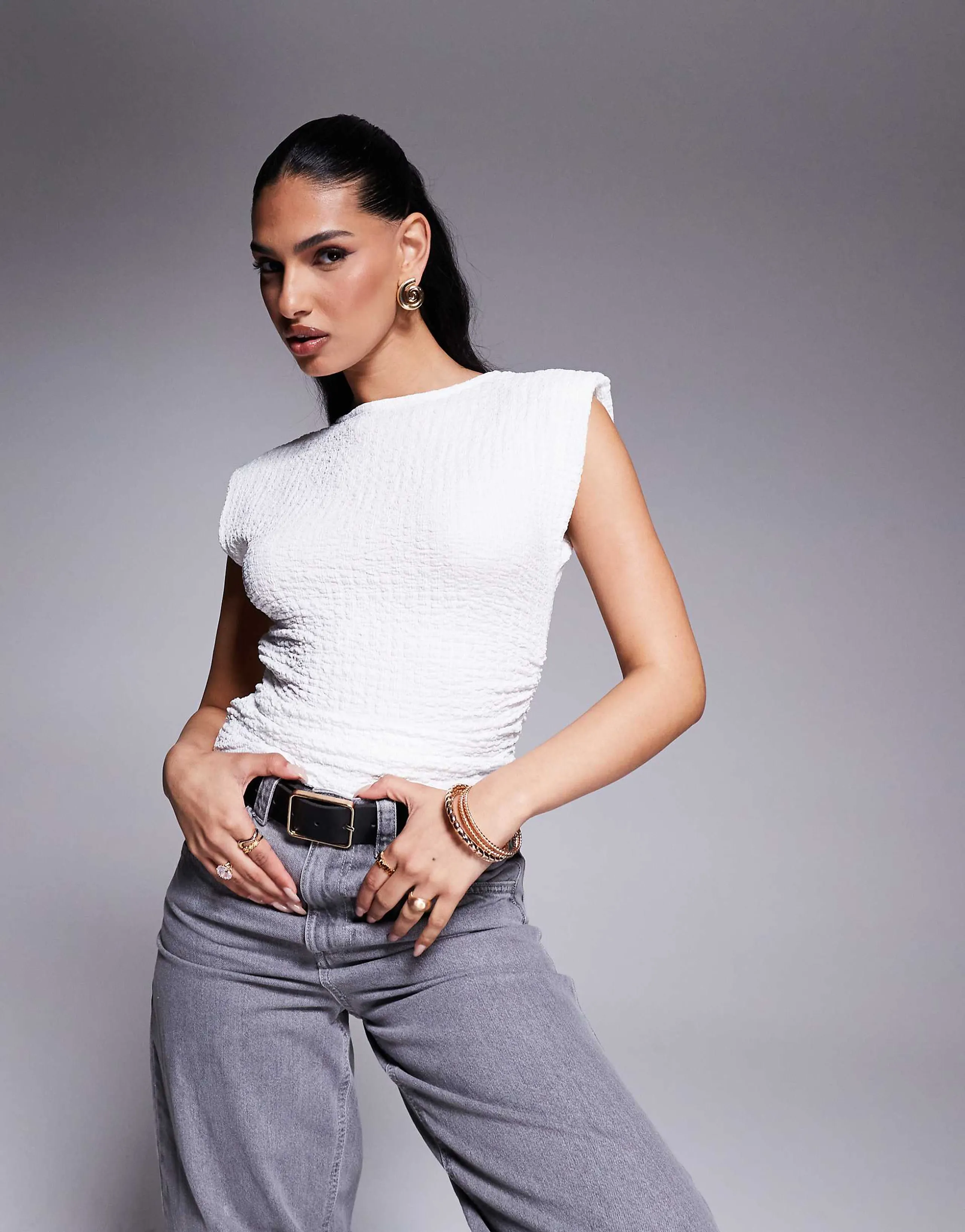 ASOS DESIGN textured ruched sides tank with shoulder pads in ivory