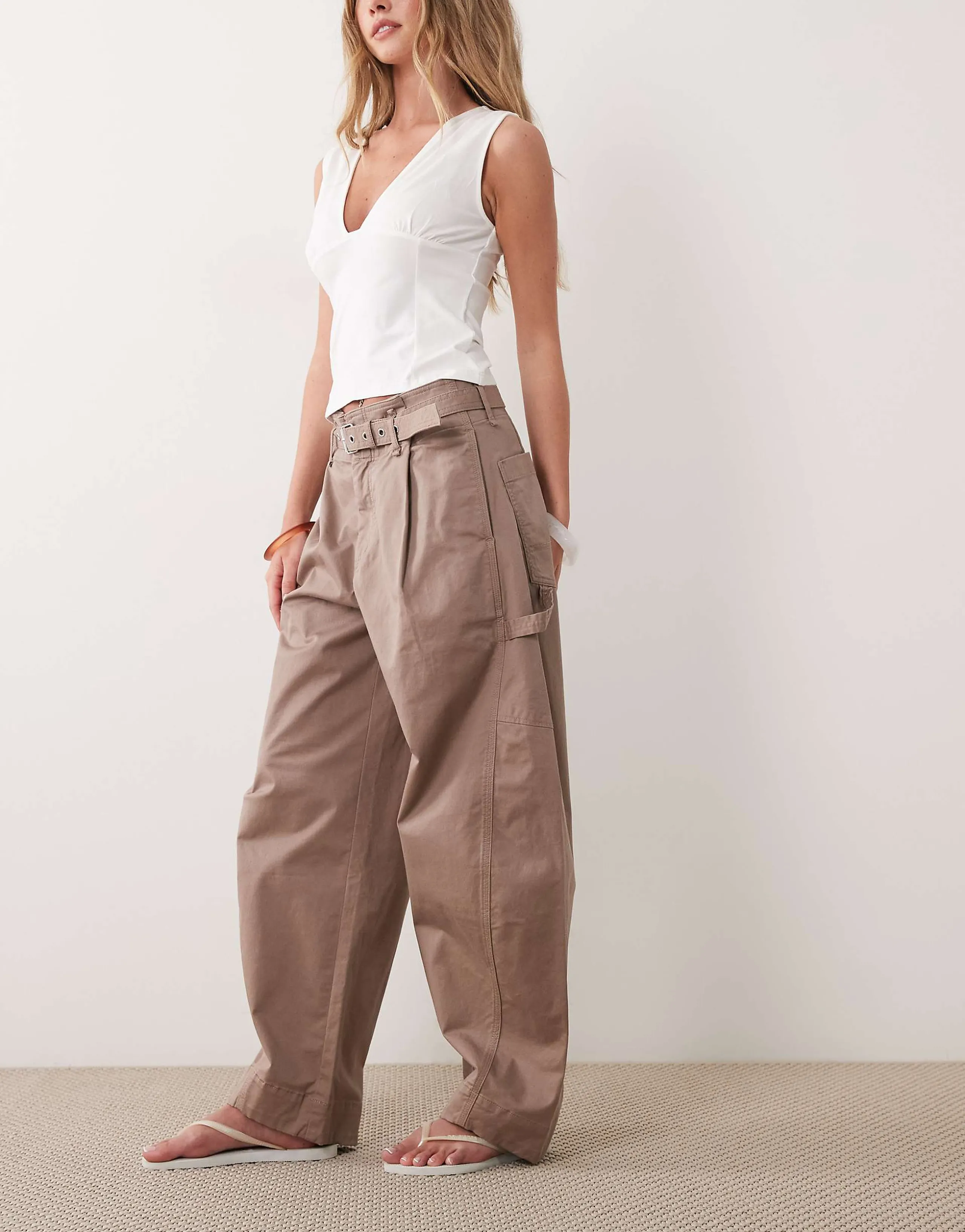 Abercrombie & Fitch belted barrel leg pants in beige
