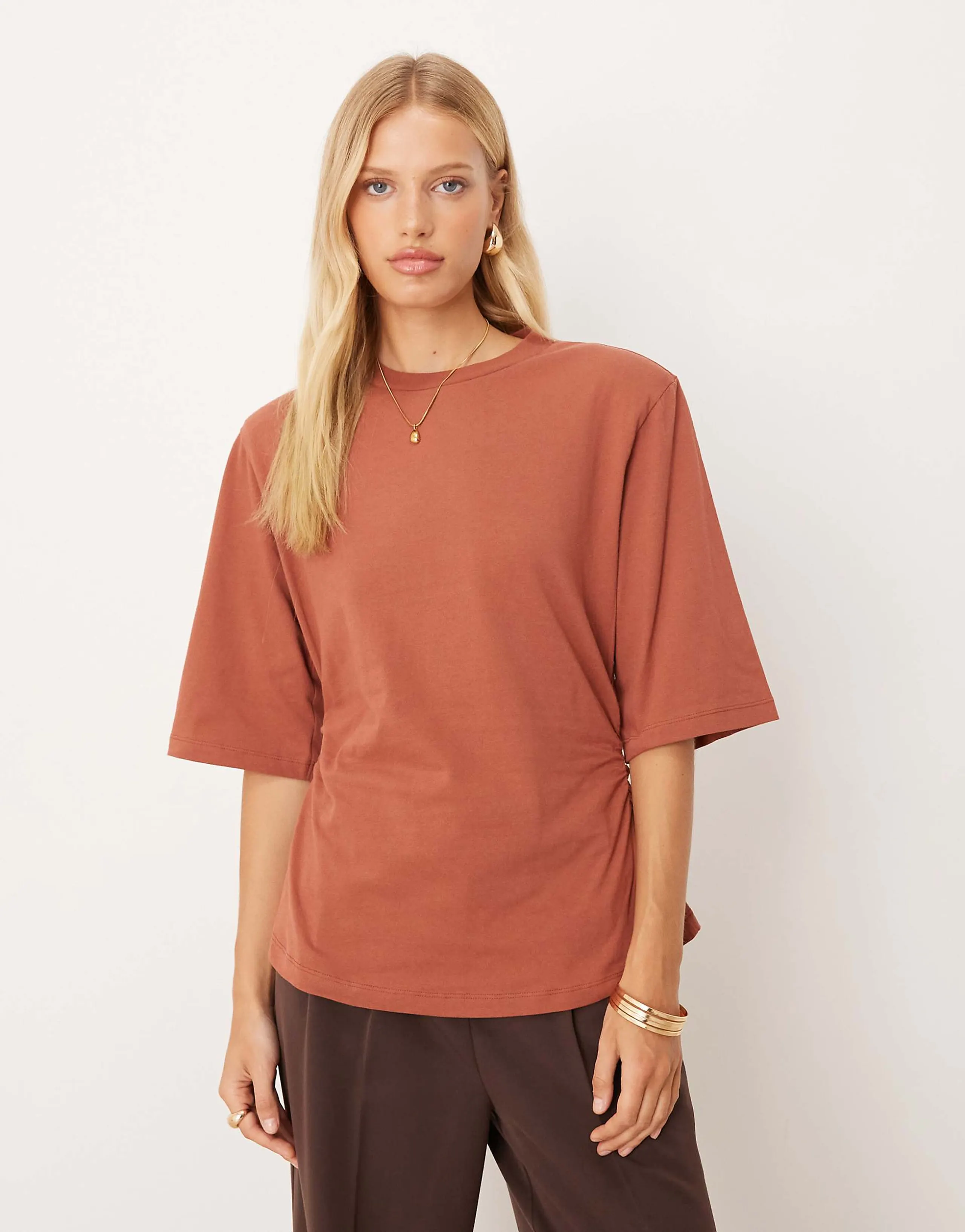 ASOS DESIGN cinched shoulder pad tee in tomato red