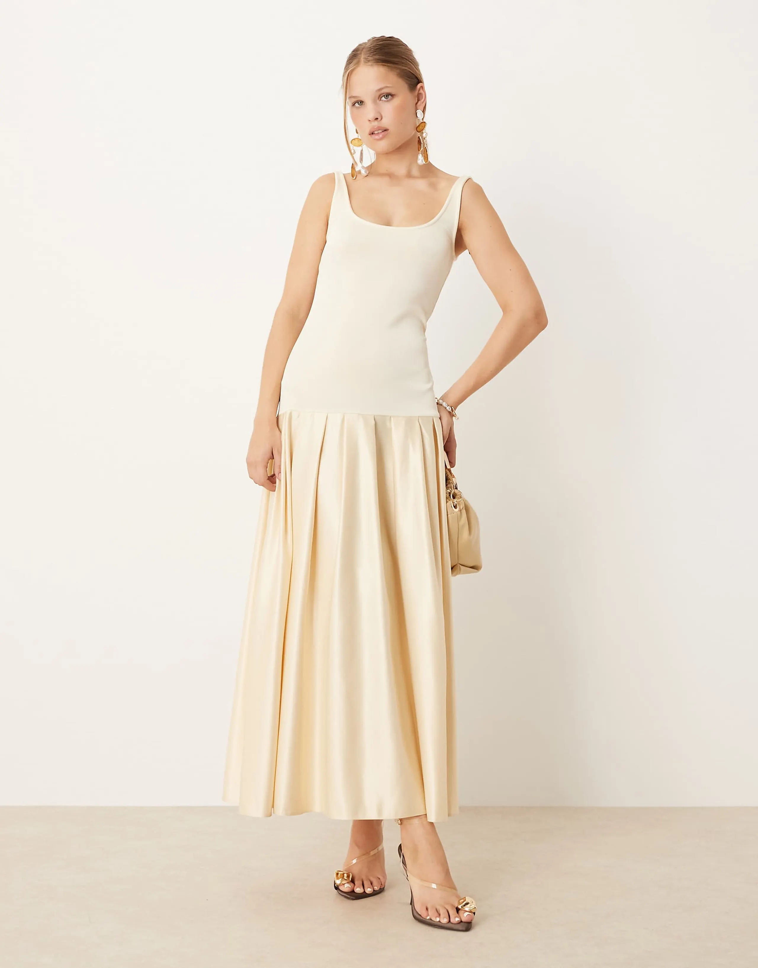 ASOS DESIGN scoop neck drop waist midi dress with satin skirt in champagne